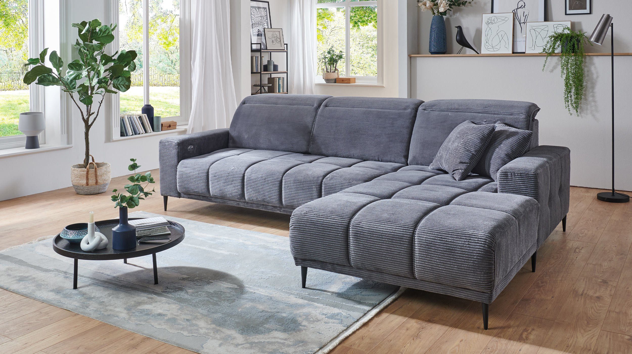 Massivart® Ecksofa MARISOL in Cordbezug grau / 286 cm, Cordsofa, Sitztiefenverstellung, Kopfteilverstellung, Nosagunterfederung