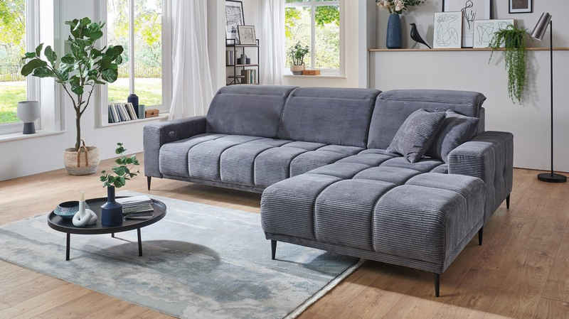 Massivart® Ecksofa MARISOL Cord grau / 286 cm, Cordsofa, Sitztiefenverstellung, Kopfteilverstellung, Nosagunterfederung