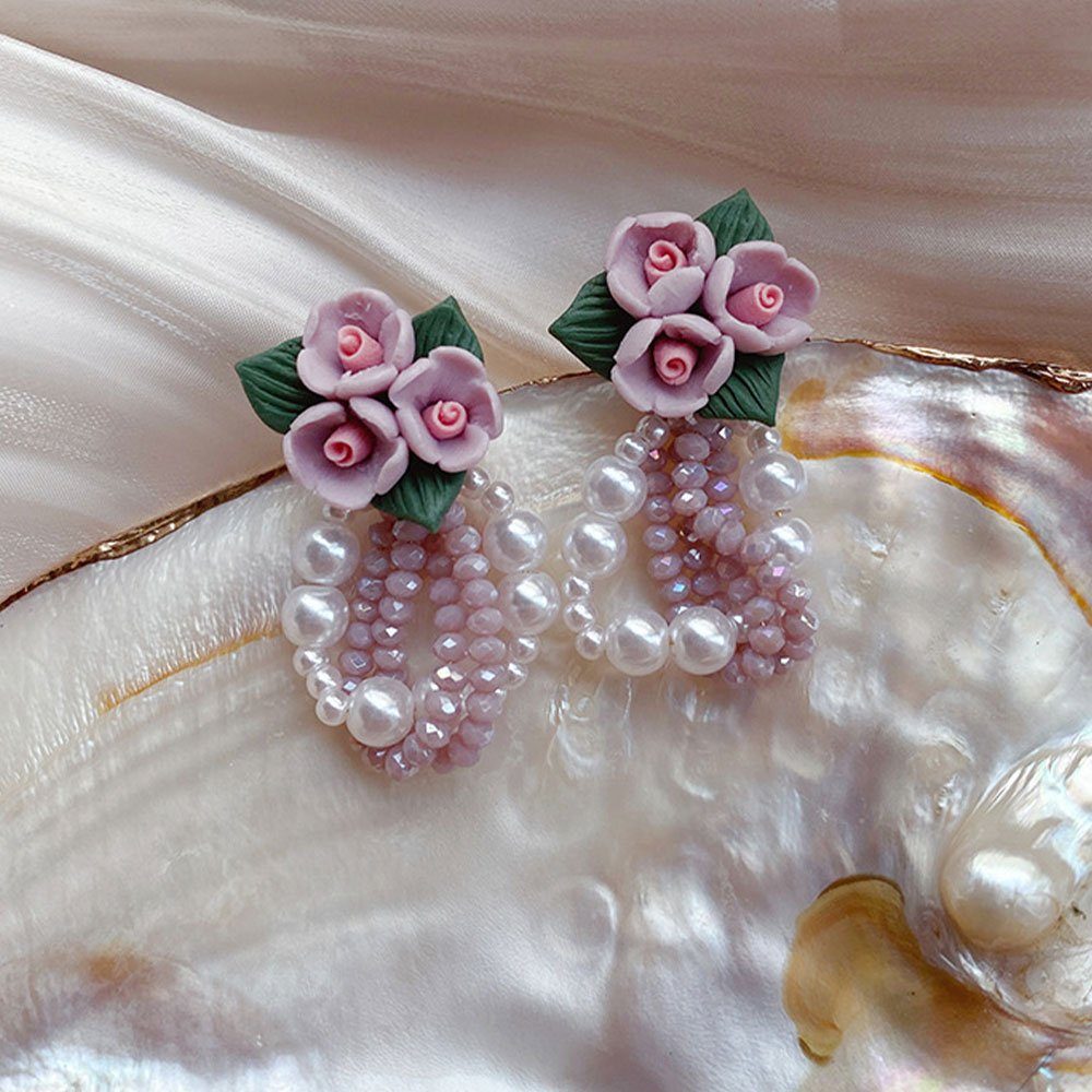 Rosen-Perlen-Ohrringe Ohrringe Paar Brautschmuck Paar Strass Hochzeits-Accessoires AUzzO~ (2Stück), Damenschmuck Ohrhänger