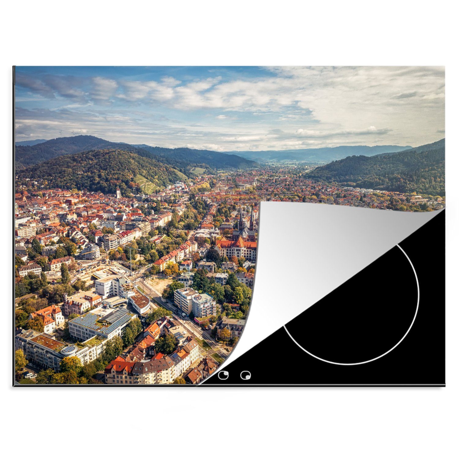 MuchoWow Herdblende-/Abdeckplatte Blick über die deutsche Stadt Freiburg, Vinyl, (1 tlg), 70x52 cm, Mobile Arbeitsfläche nutzbar, Ceranfeldabdeckung