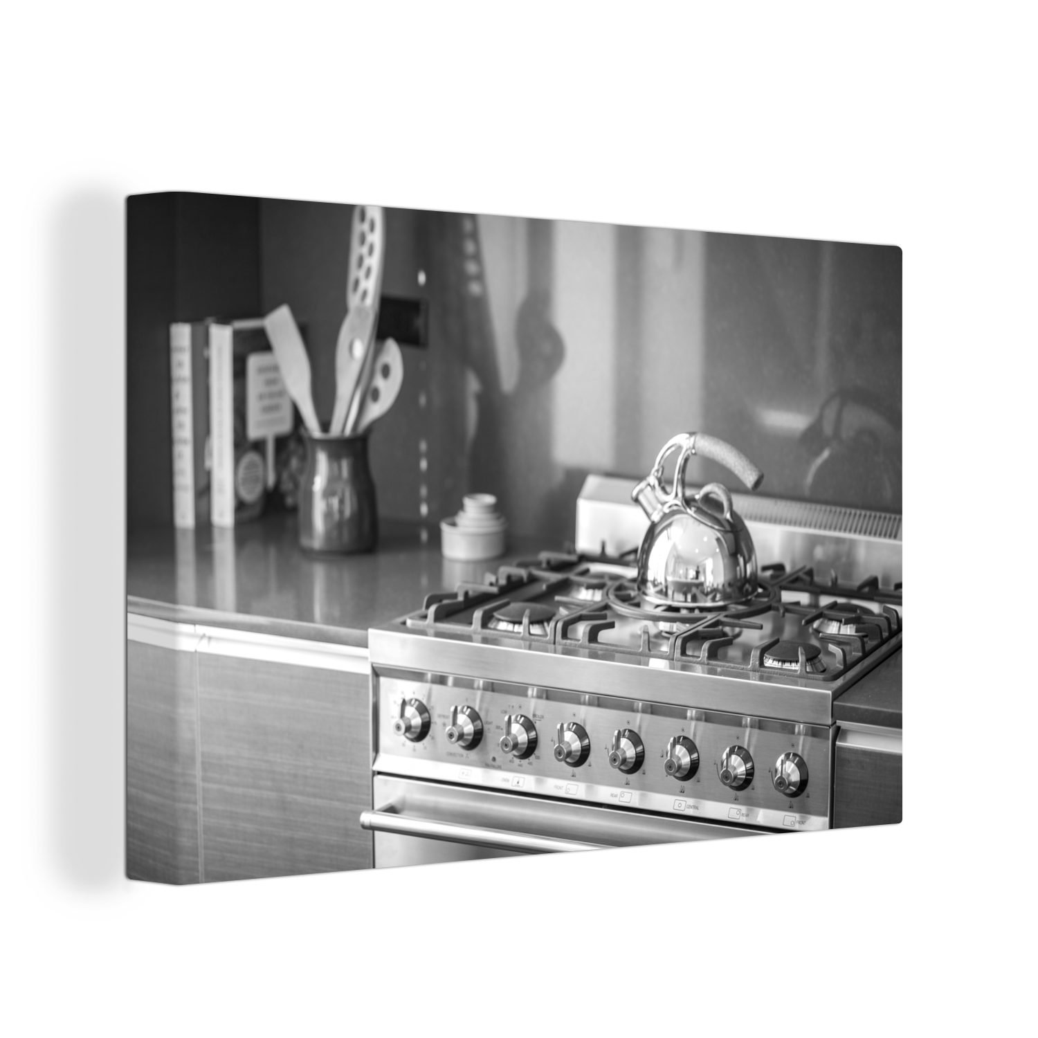 OneMillionCanvasses® Leinwandbild Ein Wasserkocher auf einem Herd in einer Küche - schwarz und weiß, (1 St), Wandbild Leinwandbilder, Aufhängefertig, Wanddeko, 30x20 cm