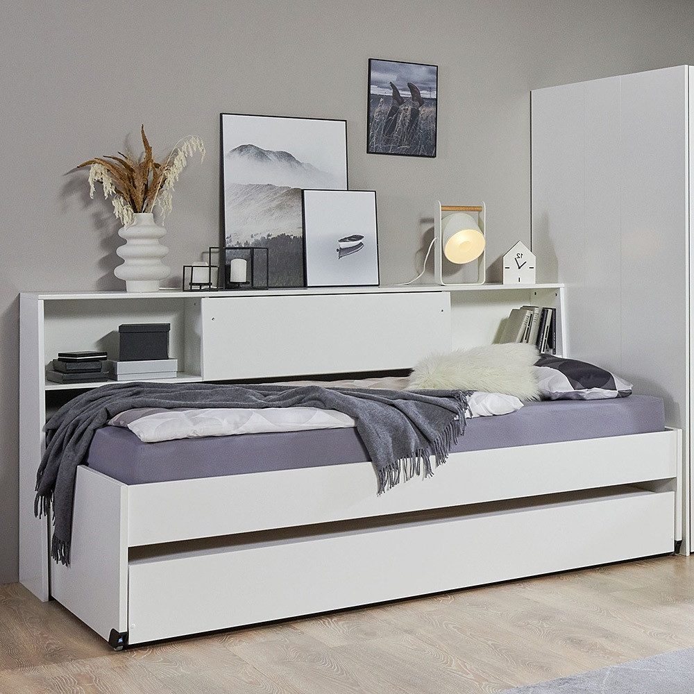 Lomadox Jugendbett NOLI-43, weiß 90x200 cm Rollen Gästebett Ausziehliege