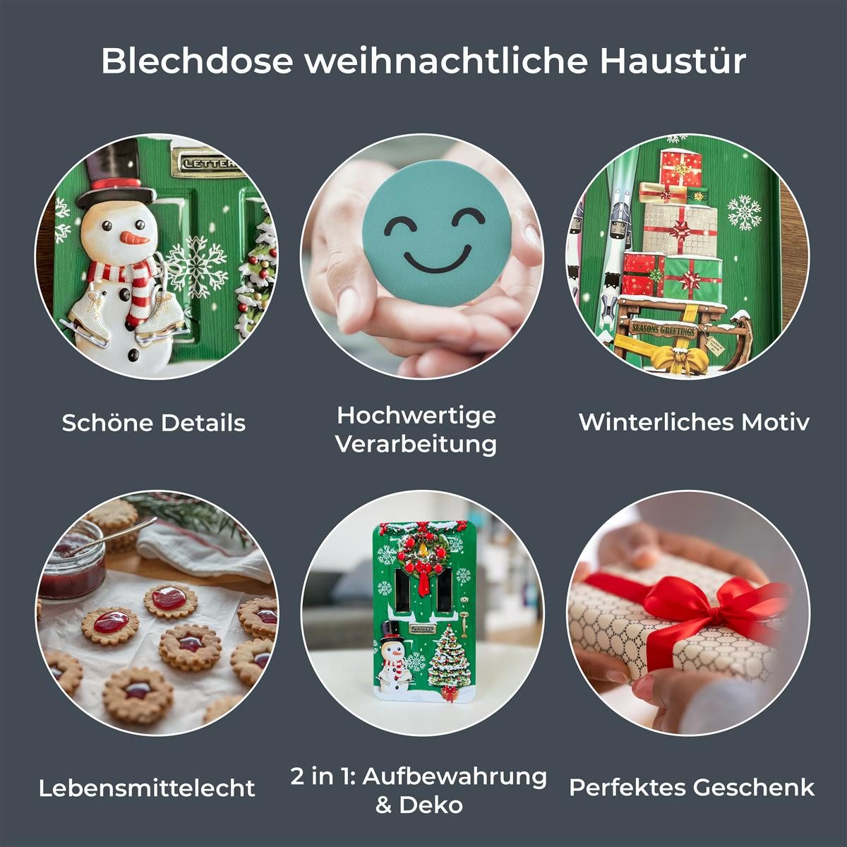 POWERHAUS24 Keksdose Blechdose weihnachtliche Haustür ca. 20,5 x 12 cm, Blech, (Einzelartikel)