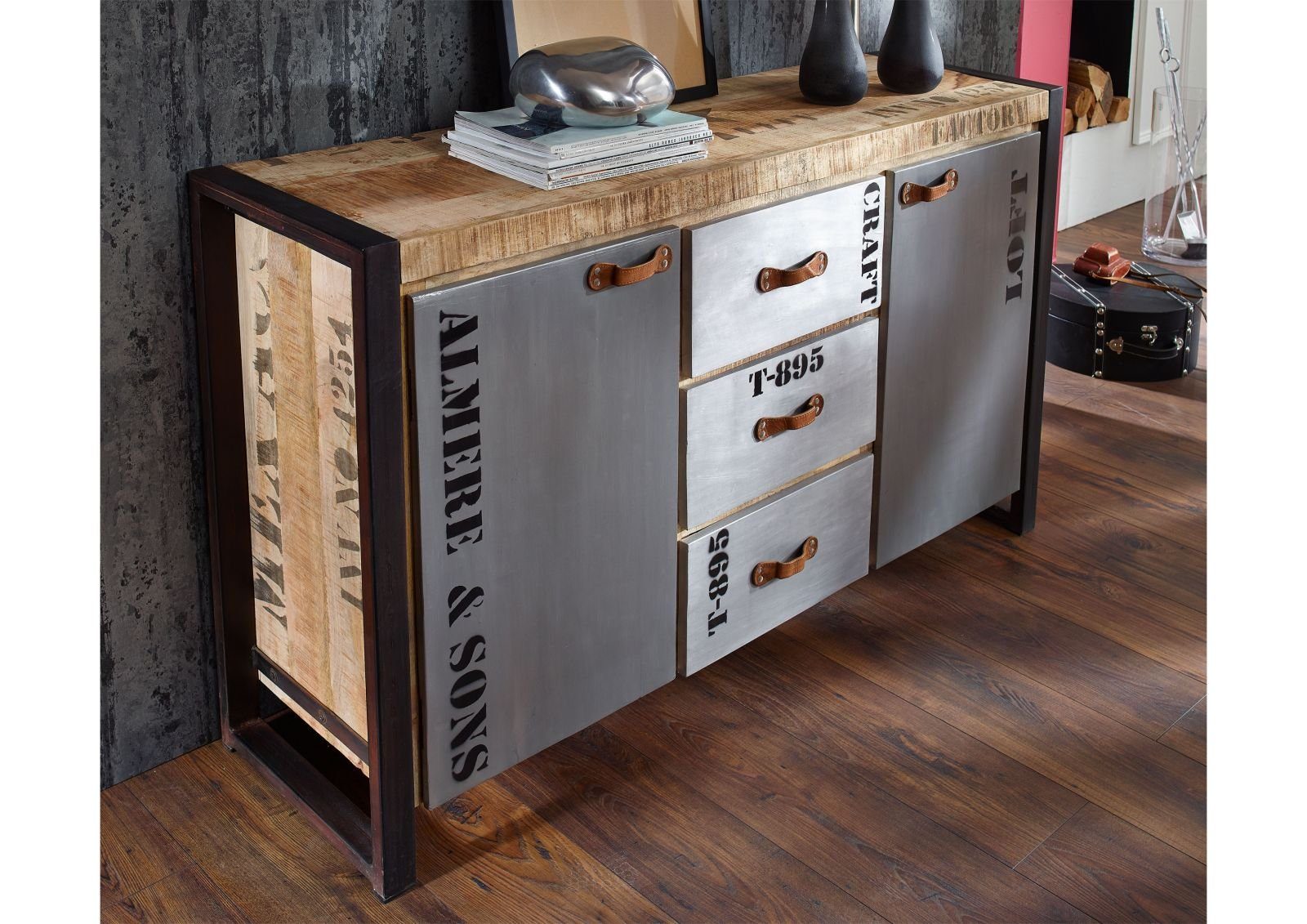 Massivmoebel24 Sideboard FACTORY (Massivholz), Sideboard Mango 145x40x85 natur bedruckt FACTORY #132