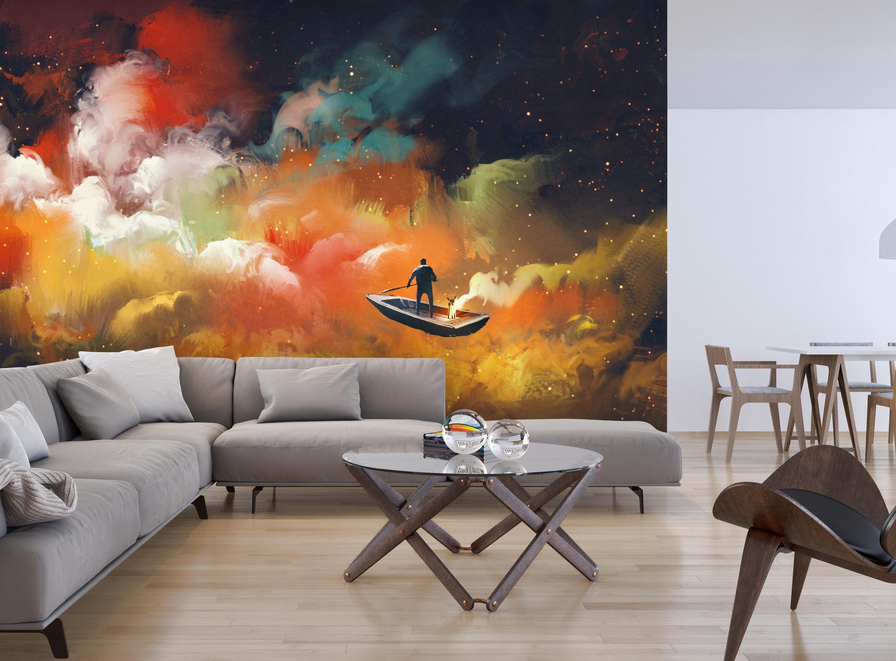 wandmotiv24 Fototapete Gemälde im Boot, Vliestapete Wolken mit Wandtapete, Motivtapete, glatt, matt, Mann