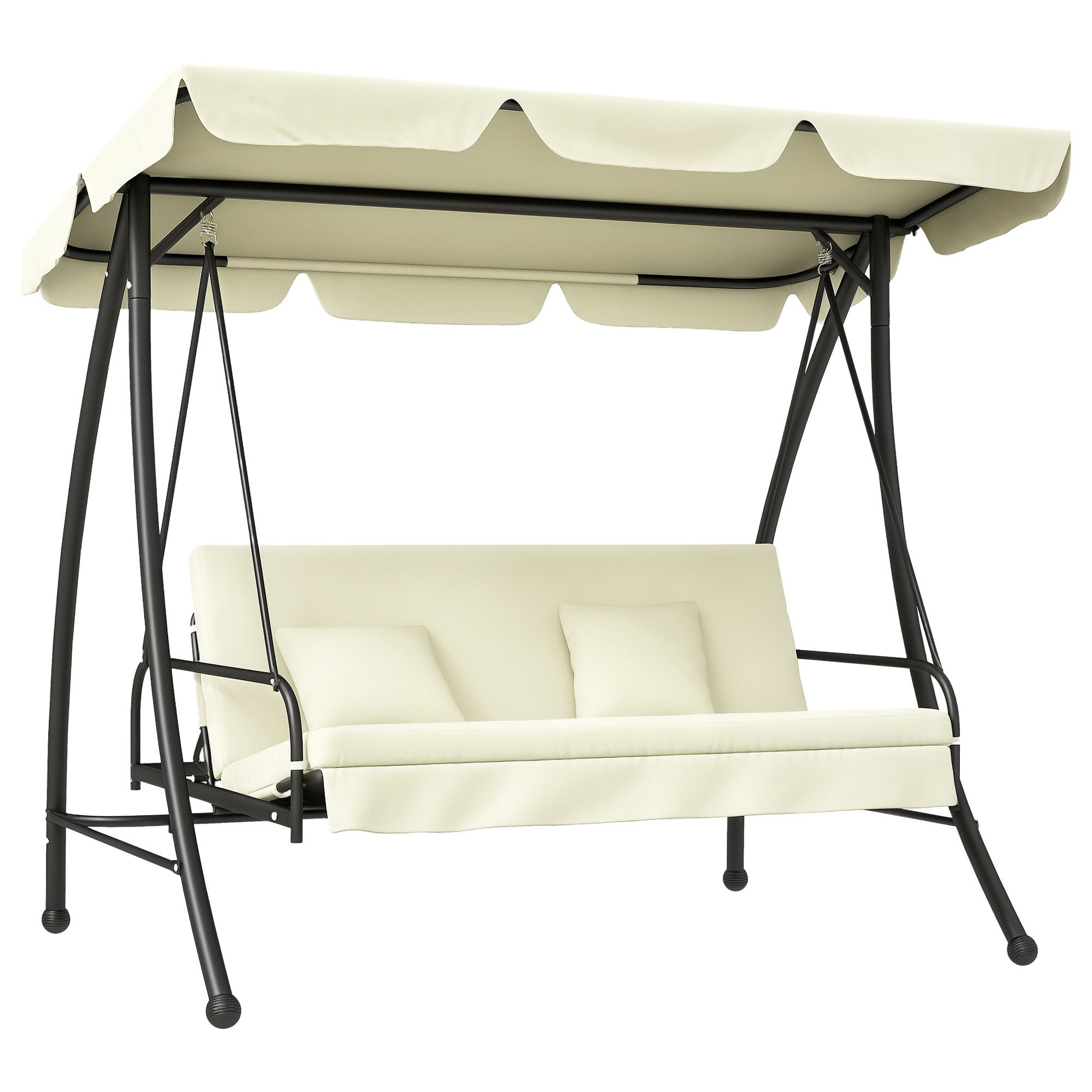 Outsunny Hollywoodschaukel 2 in 1 mi Liegefunktion, verstellbarem Sonnendach, belastbar bis 240kg, 3-Sitzer, Bettfunktion, 3-Sitzer Gartenschaukel, 1 tlg., Schaukelbank, für Garten, Terrasse, 200x125x170 cm, Cremeweiß