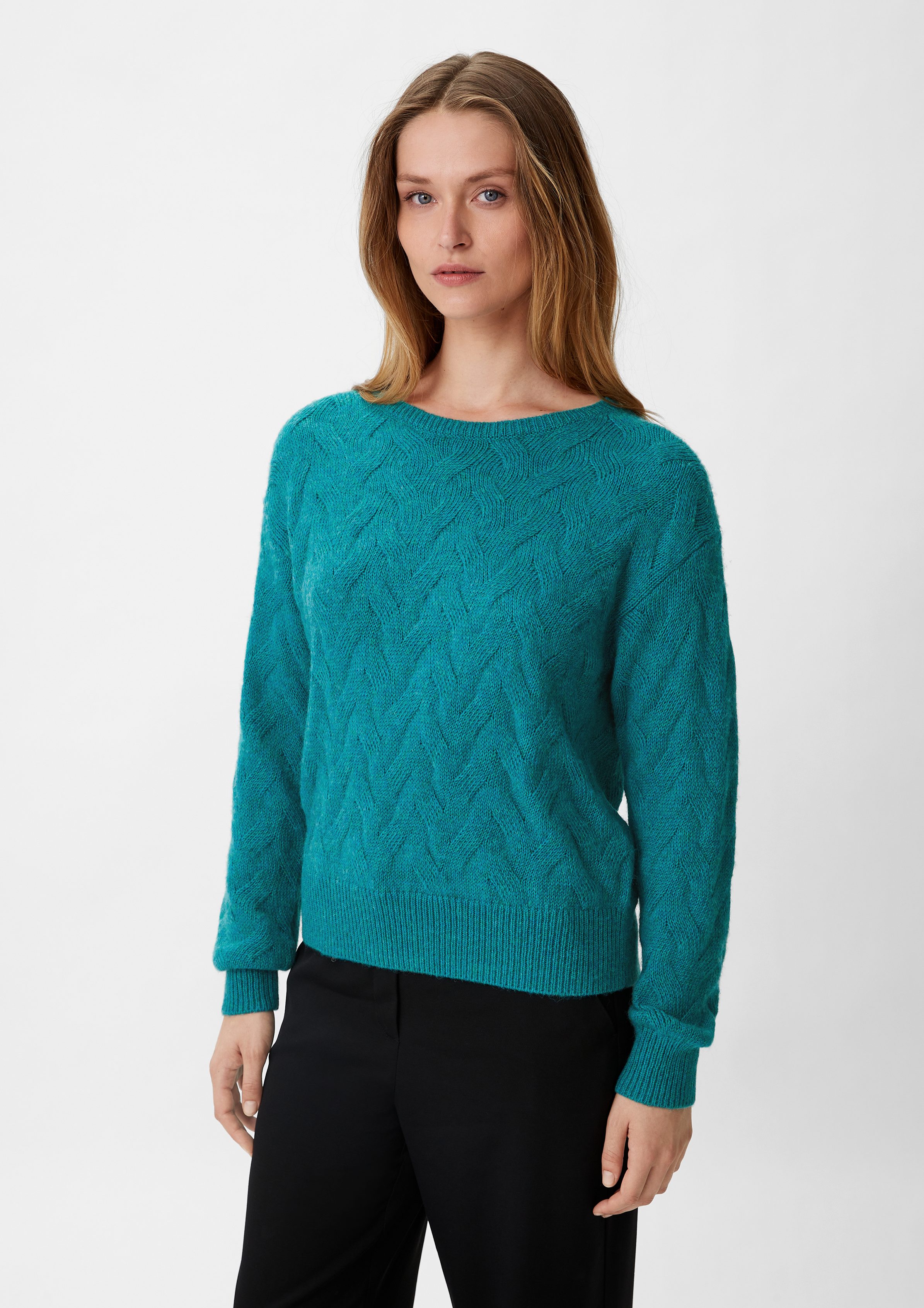 Comma Langarmshirt Strickpullover mit Zopfmuster dunkles türkis