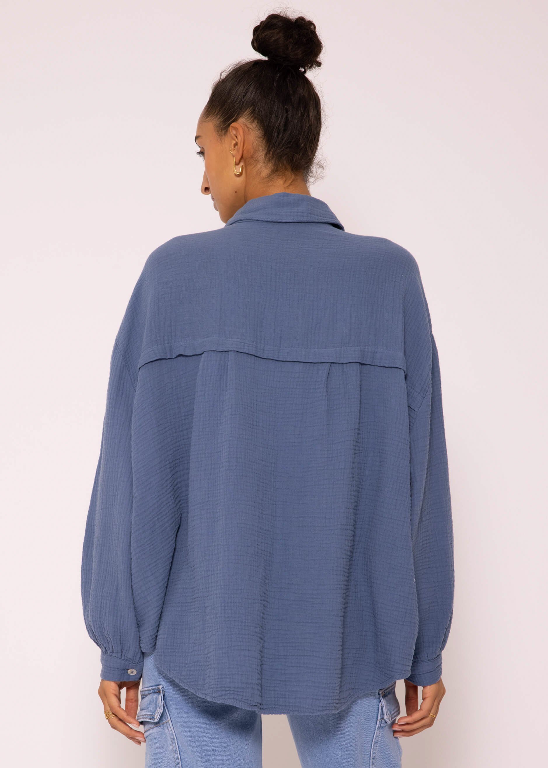 SASSYCLASSY Longbluse Oversize Baumwolle Bluse aus One mit Hemdbluse Damen Musselin lang Jeansblau Size 36-48) Langarm V-Ausschnitt, (Gr