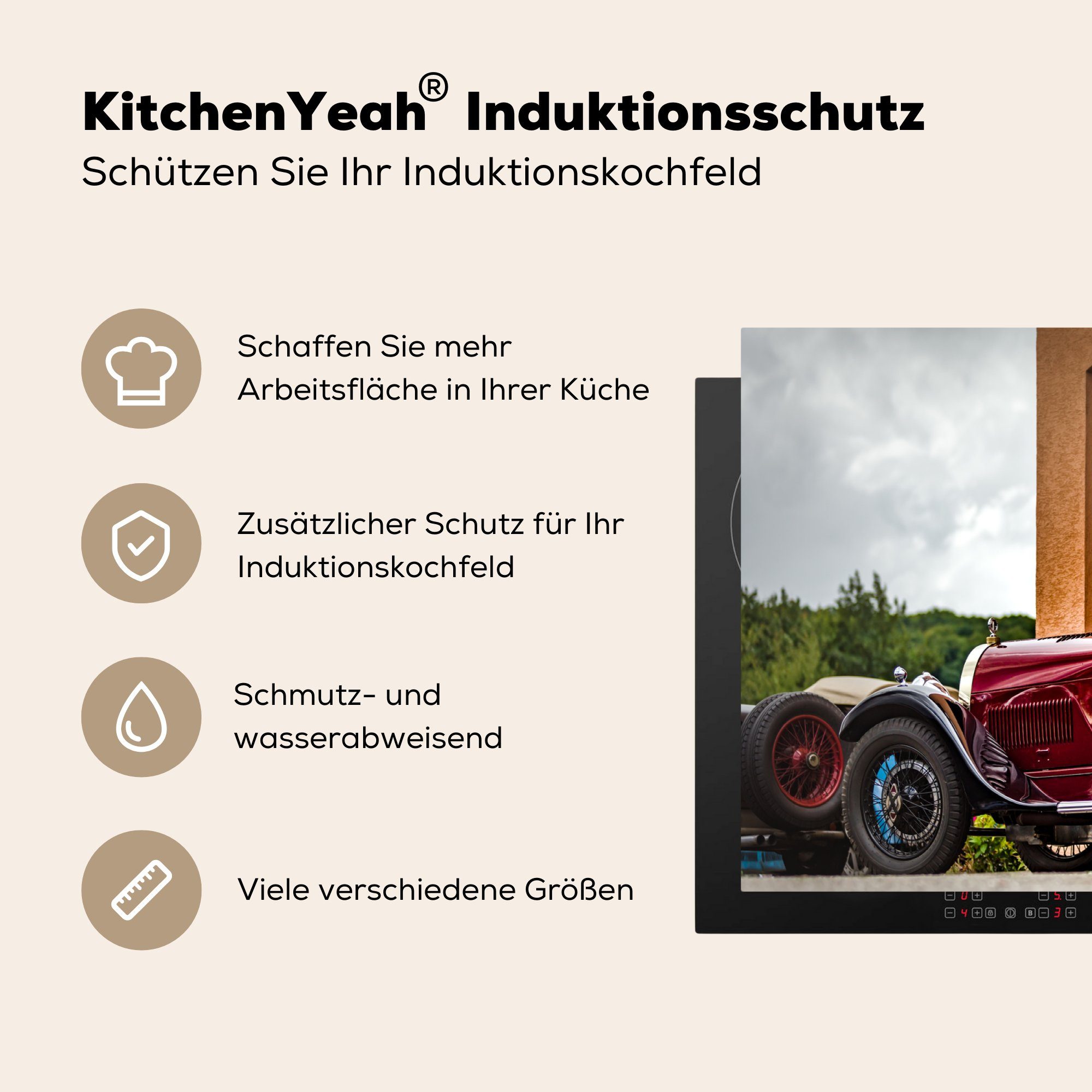 MuchoWow Herdblende-/Abdeckplatte Oldtimer - Vinyl, Bugatti Auto, (1 küche Ceranfeldabdeckung, tlg), Arbeitsplatte für - cm, 83x51
