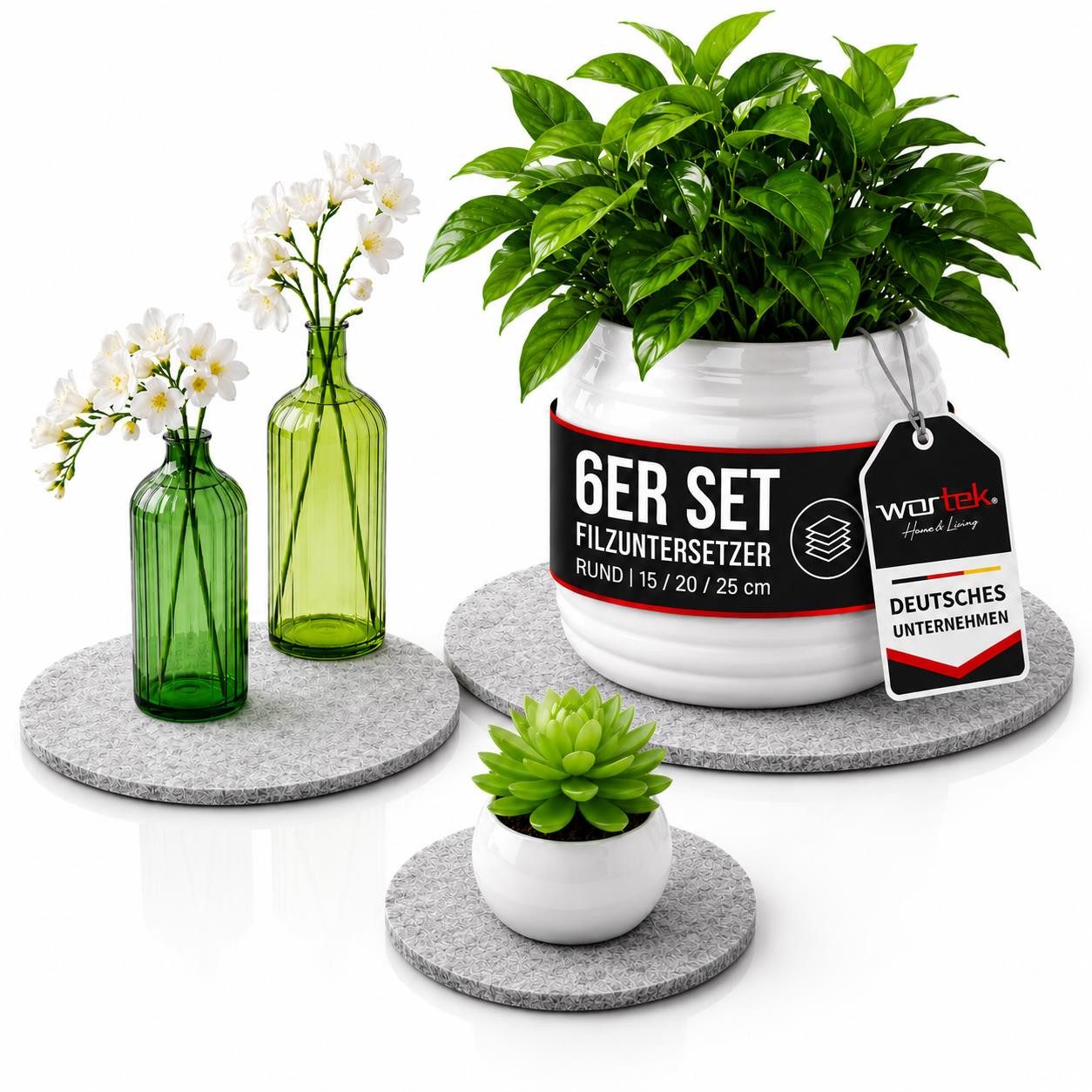 wortek Blumentopfuntersetzer Blumenuntersetzer Untersetzer rund für Vasen, Zubehör für Blumen oder Blumentöpfe & Co, Set, 6-tlg., Filz Unterlage Gläser Teller Blumentöpfe – waschbare Untersetzer