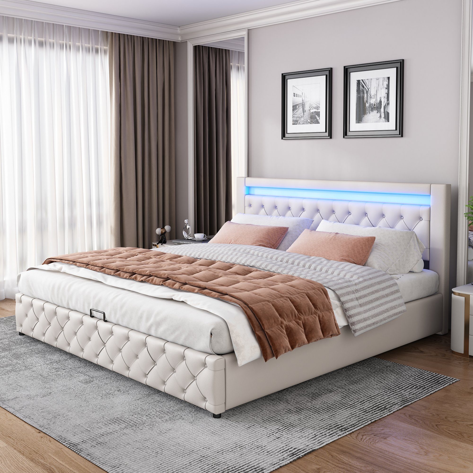 Flieks Polsterbett, LED-Beleuchtung Kunstleder Doppelbett Stauraum 180x200c günstig online kaufen