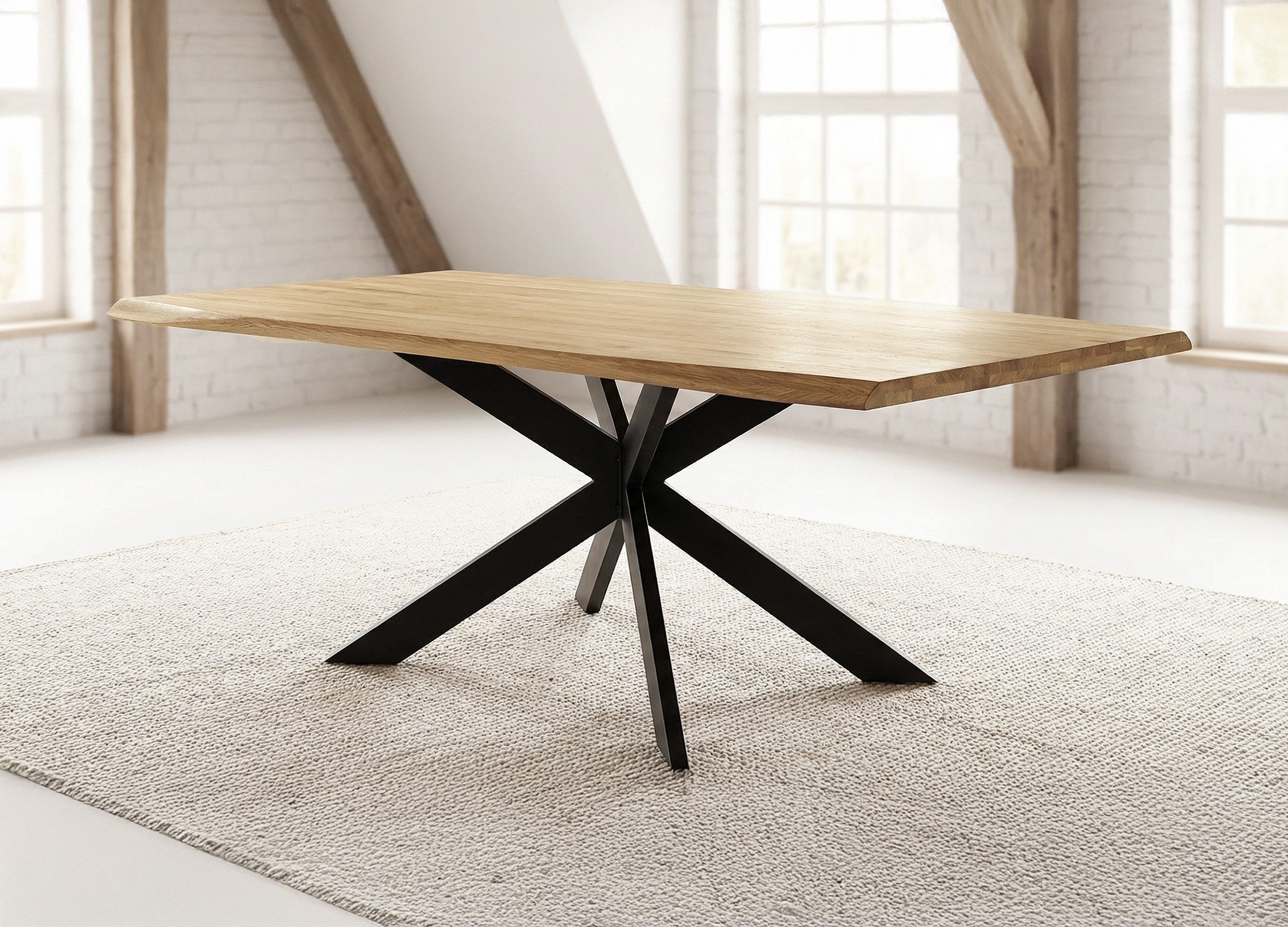 Massivart® Esstisch Eiche massiv geölt / 180 x 100 cm / 40 mm Platte / LOUIS, Massivholztisch · Spider Gestell Metall schwarz · Industrial-Look