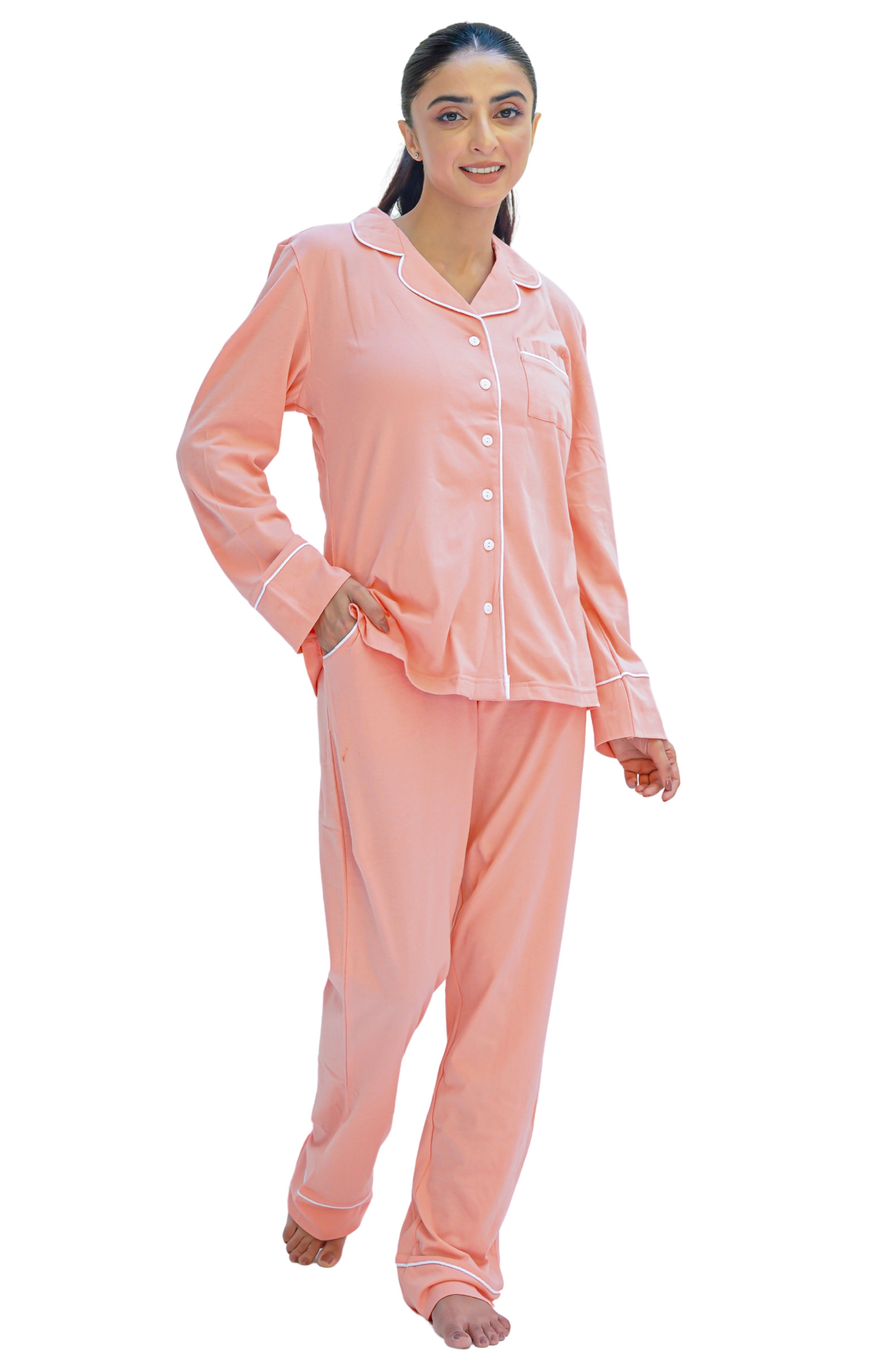 SNOOZE OFF Pyjama Schlafanzug in Lachsfarben (2 tlg., 1 Stück) mit Kontrastpaspel-Details – Bild 4 von 5