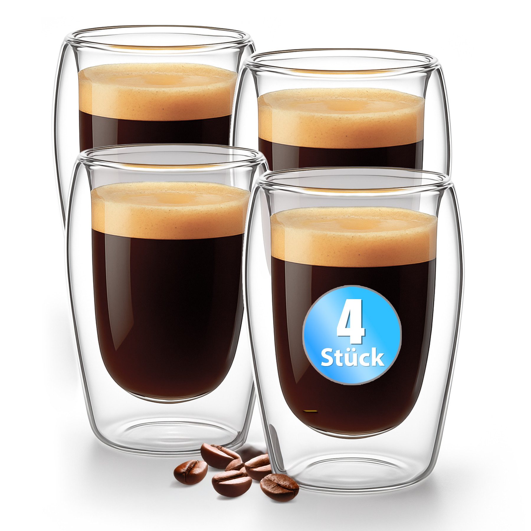 BigDean Espressotasse 4 Stück doppelwandige Espressotassen 80 ml in Gastro-Qualität, 4-tlg., Borosilikatglas, Spülmaschinenfest, Lebensmittelecht