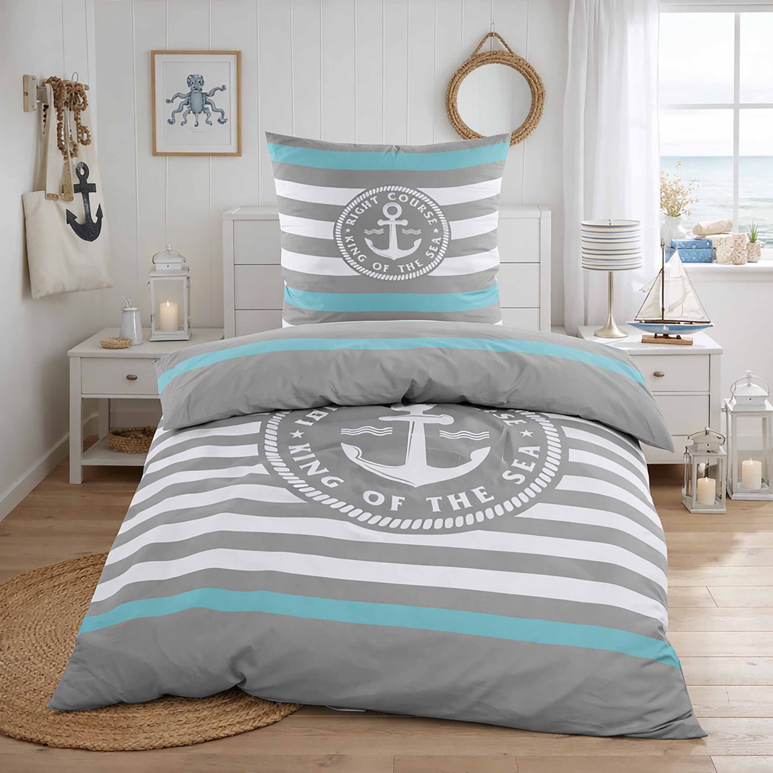 Casa Colori Bettwäsche Renforce Ganzjahres Bettgarnitur 155x220 cm, Renforce, 2 teilig, Grau Türkis Weiß gestreift