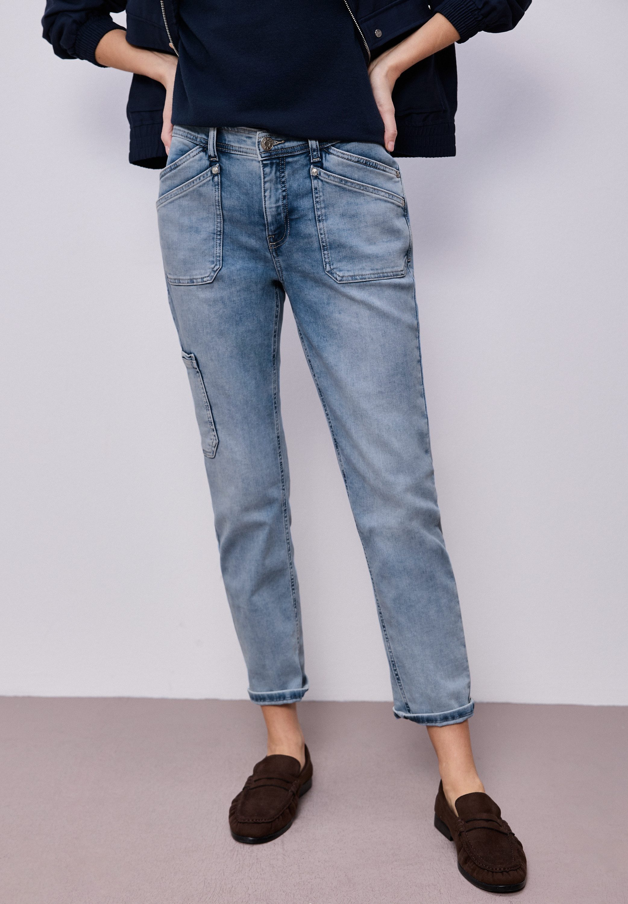 STREET ONE Cargojeans Style Charlie im angesagten Bleached‑Look und elastischem Bund