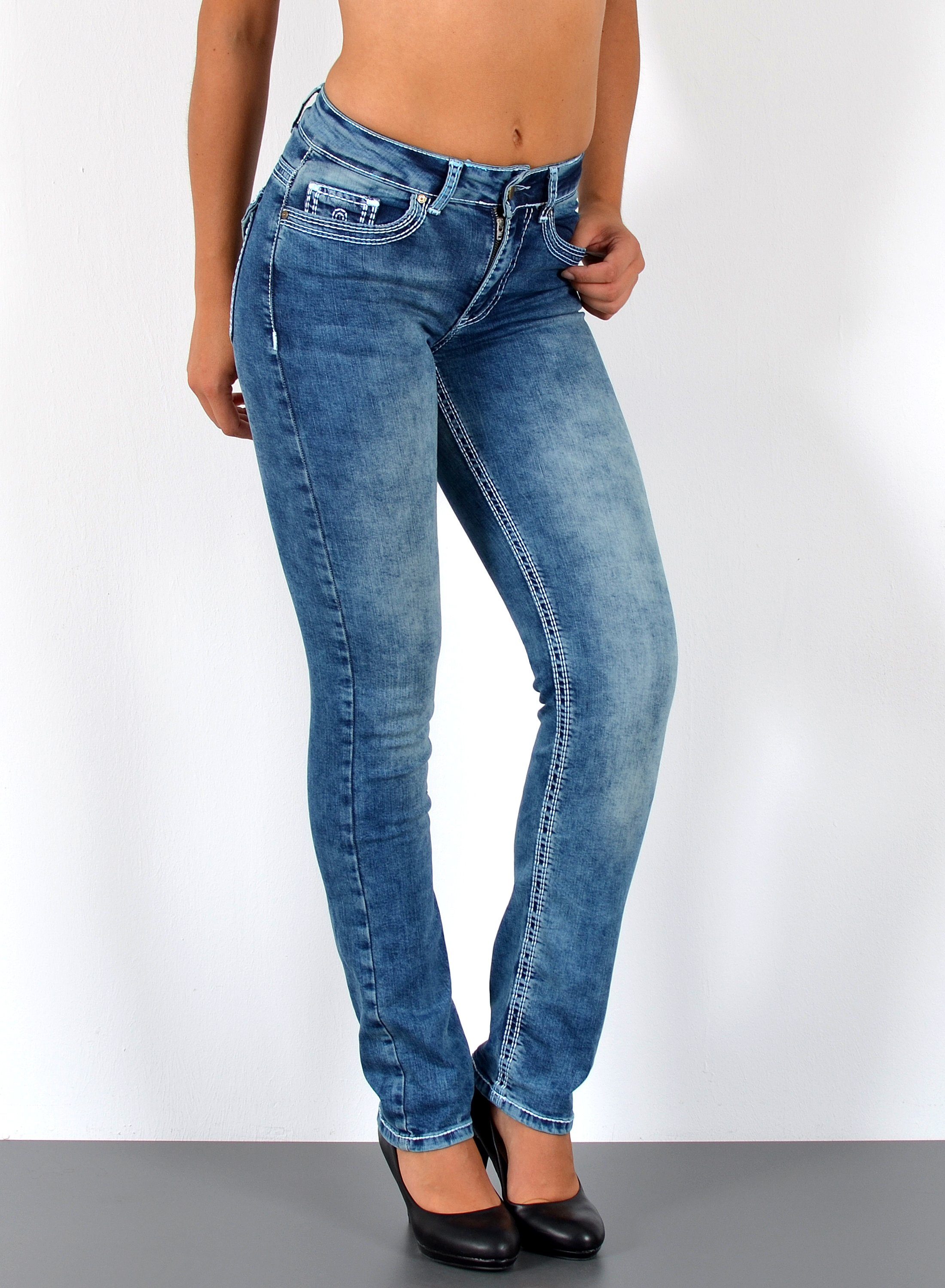 ESRA Straight-Jeans High Waist Straight Fit Jeans Damen Stretch Hose mit dicker Naht G11 High Waist Damen Jeanshose Straight Leg mit dicker Naht bis Übergröße