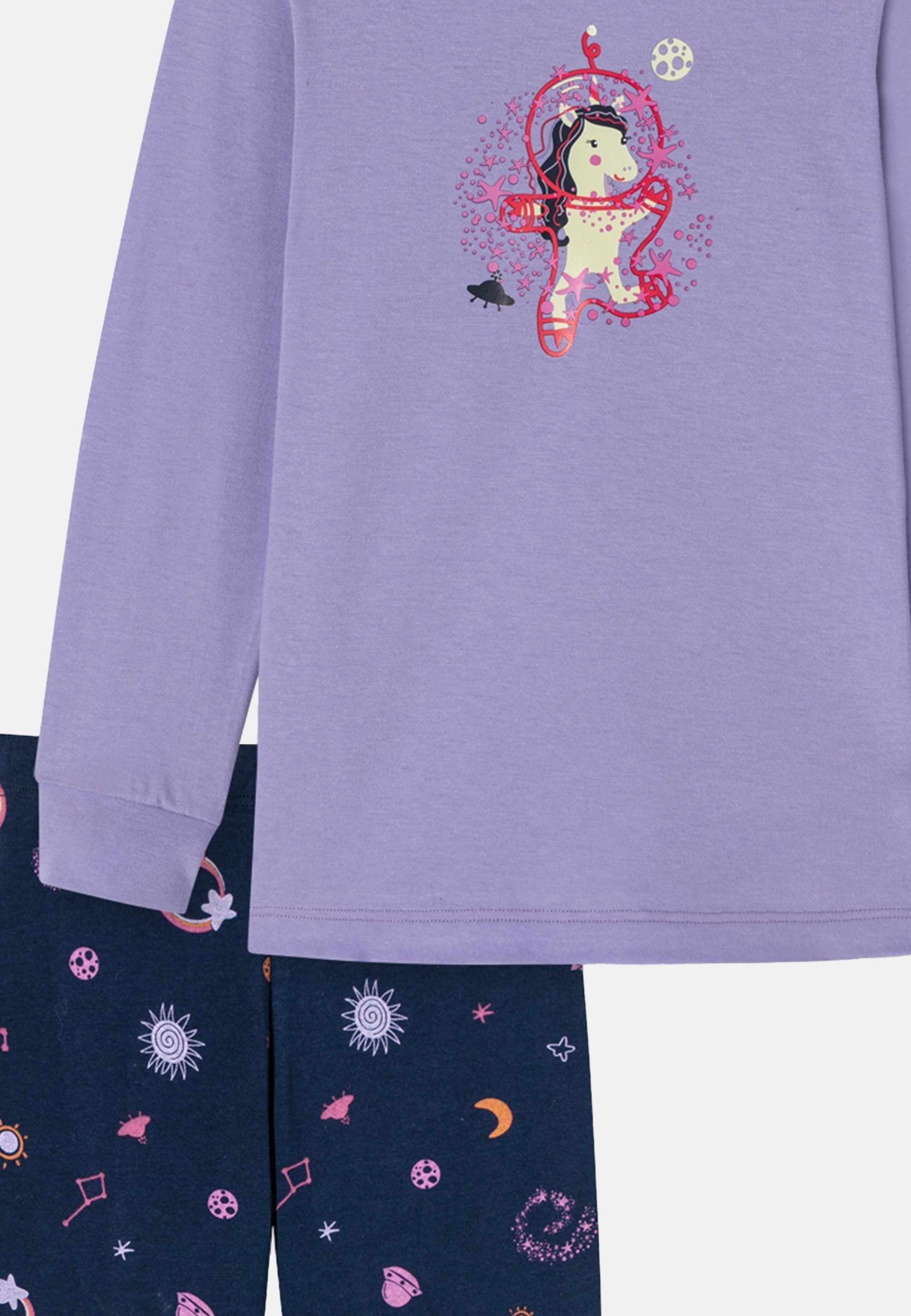 Schiesser Pyjama Girls World Organic Brust-Print (Set, Baumwolle - Schlafanzug Glow-in-the-Dark-Effekt tlg) mit - 2 Cotton