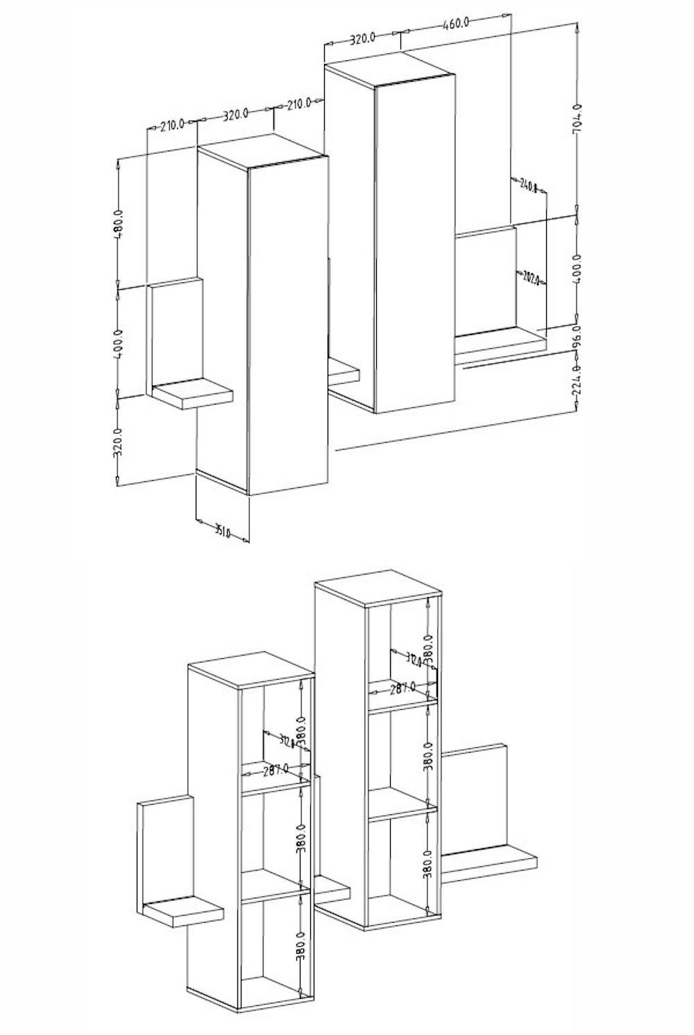 geräumig 1 - (Set, Wandregal), Lowboard Wohnwand 1 - aus: Paneel BOTA, 3-tlg., besteht 1 Hängeschrank Feldmann-Wohnen -