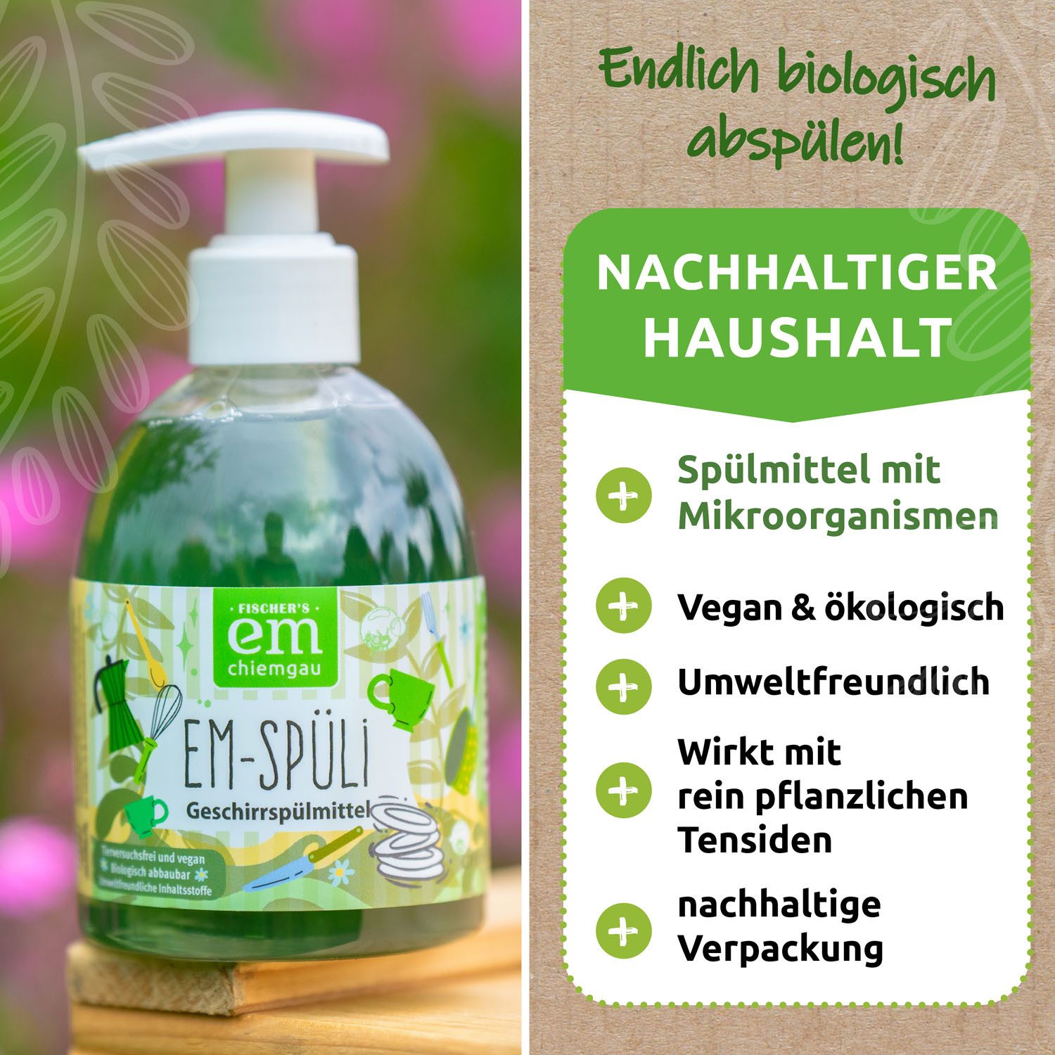 Fischer's EM-Chiemgau EM-Spüli Geschirrspülmittel (Erhältlich in verschiedenen Größen Mit EM, hautfreundlich, duftet frisch, ECOCERT-zertifiziert)