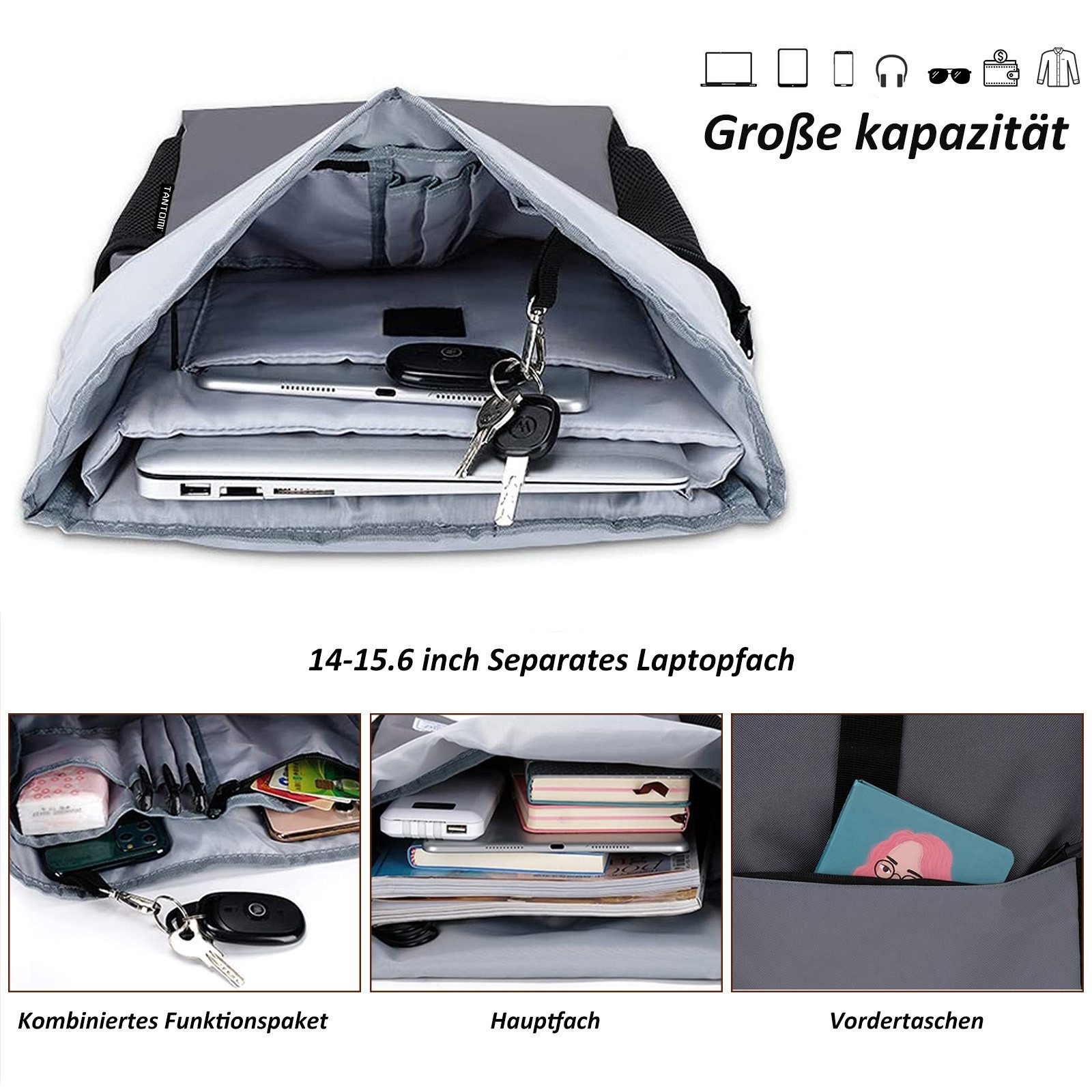 TANTOMI Freizeitrucksack Arbeitsrucksack Groß Damen lässiger Rolltop Rucksack Herren Backpack, mit Laptopfach bis 15,6 zoll und externen USB-Anschluss – Bild 4 von 5