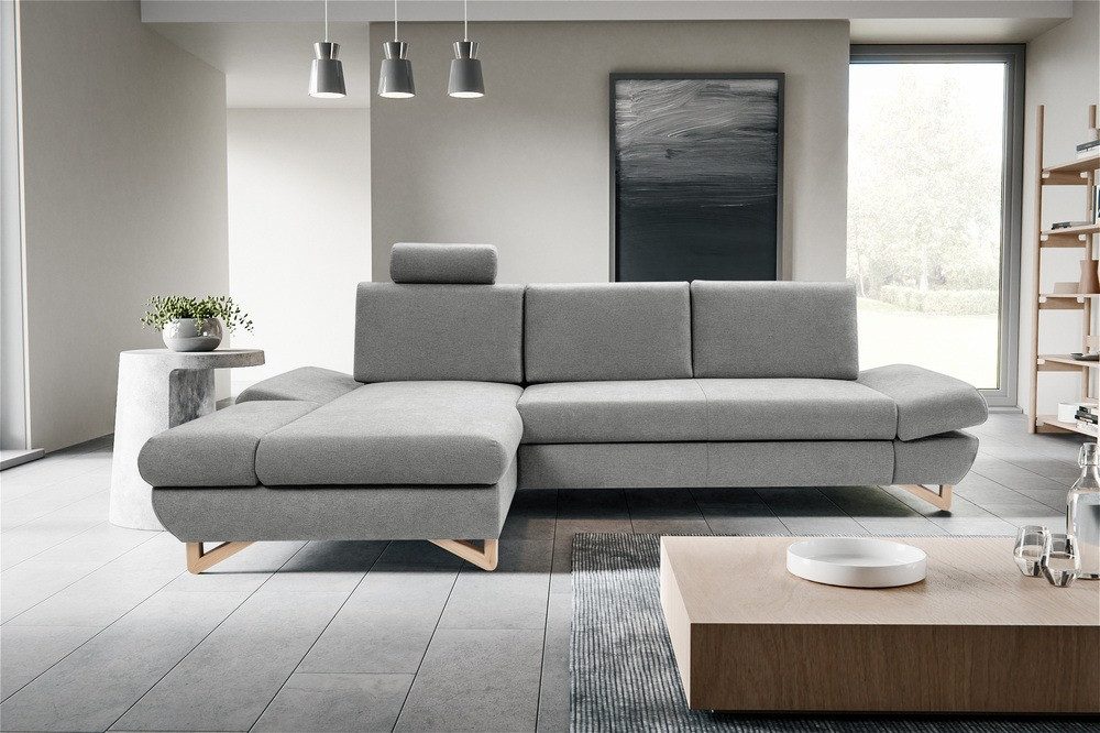 Goldstoff Ecksofa "LUCIA" mit Schlaffunktion und Bettkasten; Modernes Schlafsofa, 1 Teile, L Sofa Couch mit Relaxfunktion, verstellbaren Kopfstützen