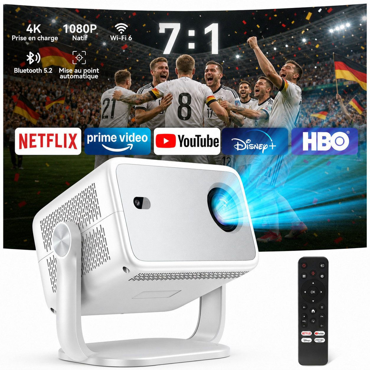 Huidun PT10 4K Full HD Smart-Projektor, 360° drehbarer Stativ Netflix LCD-Beamer (3000 lm, 4K+1080p Full HD, Autofokus, Android 13,Automatische Trapezkorrektur)