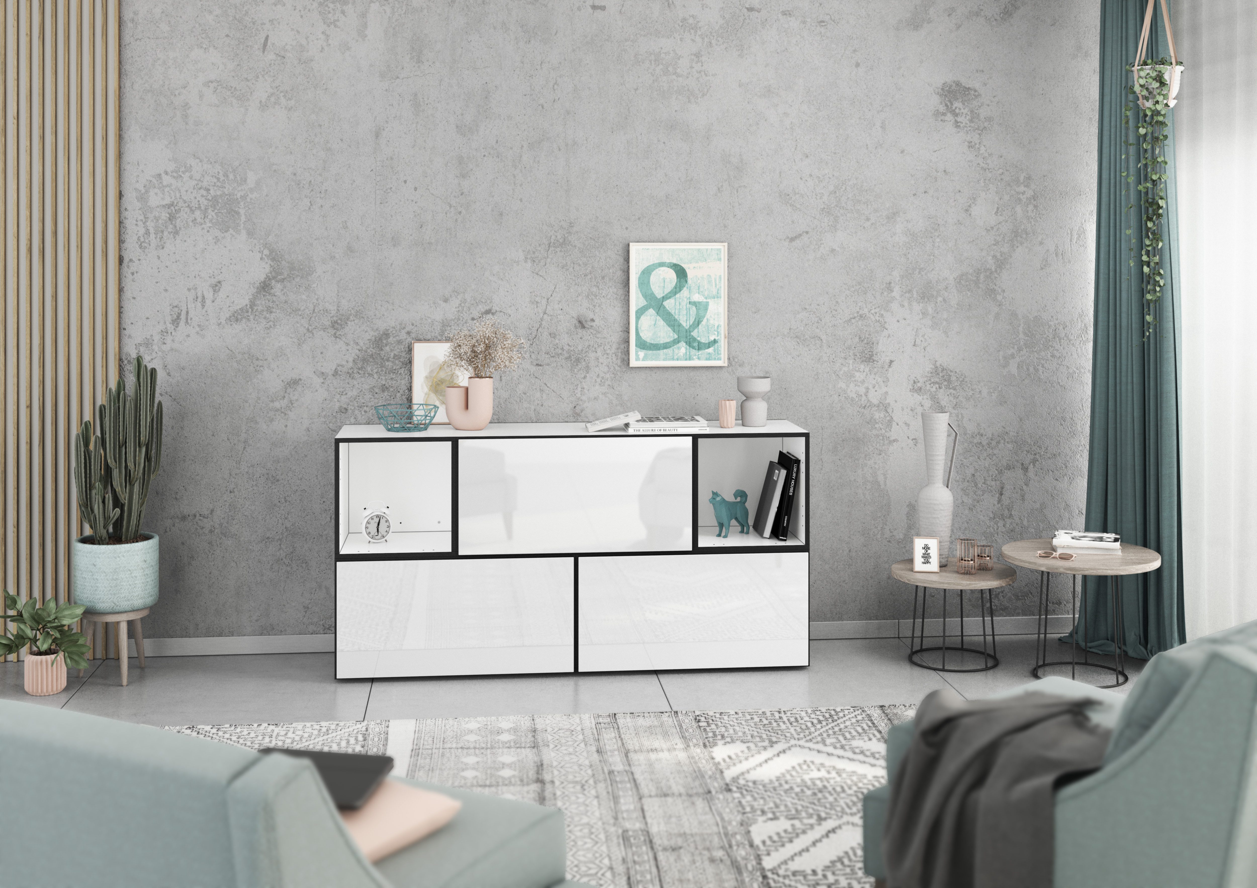 BMG Мебель Sideboard Modul+ (Lowboard 5 tlg. 152 cm breit, bestehend aus 3x Schrank mit Klappe, 2x offenes Würfelregal), MDF tiefgezogenen Fronten mit Softclose, Made in Germany