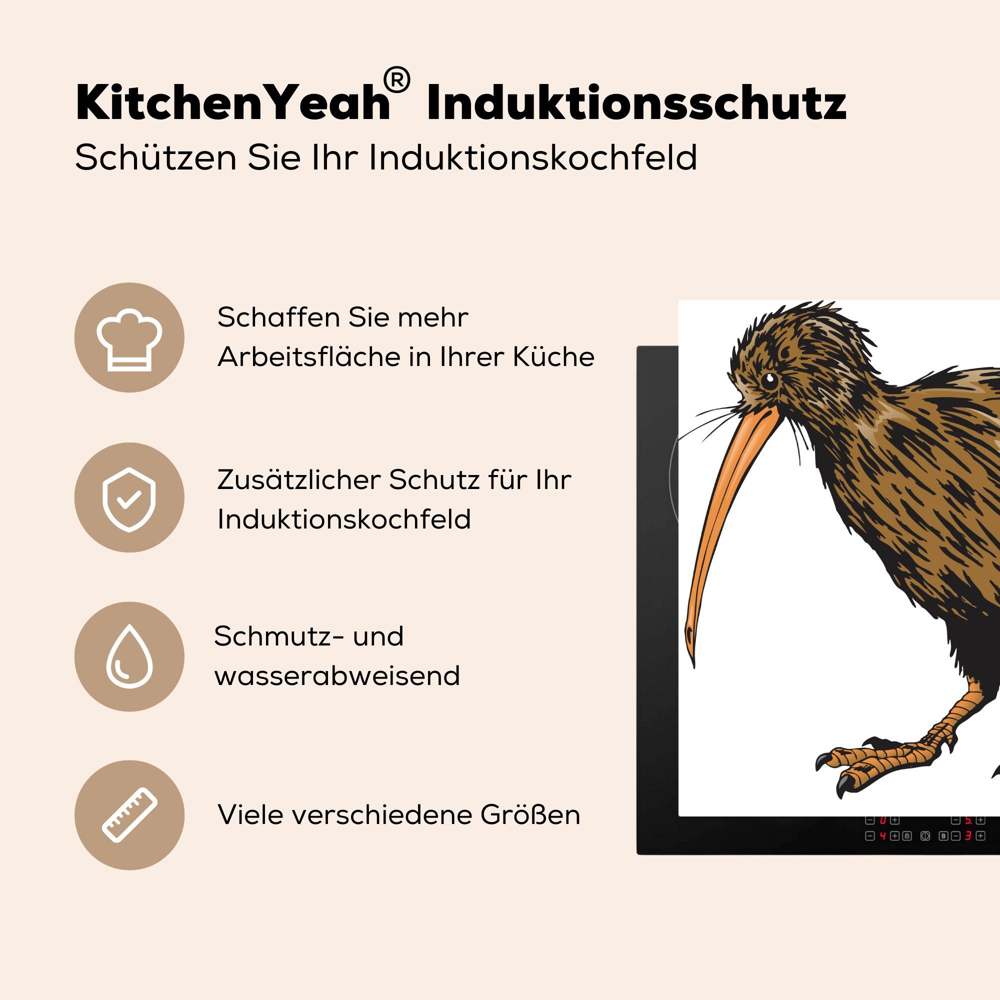 braunen tlg), (1 Illustration küche eines MuchoWow Vinyl, 78x78 für Ceranfeldabdeckung, cm, Herdblende-/Abdeckplatte Kiwi-Vogels, Arbeitsplatte