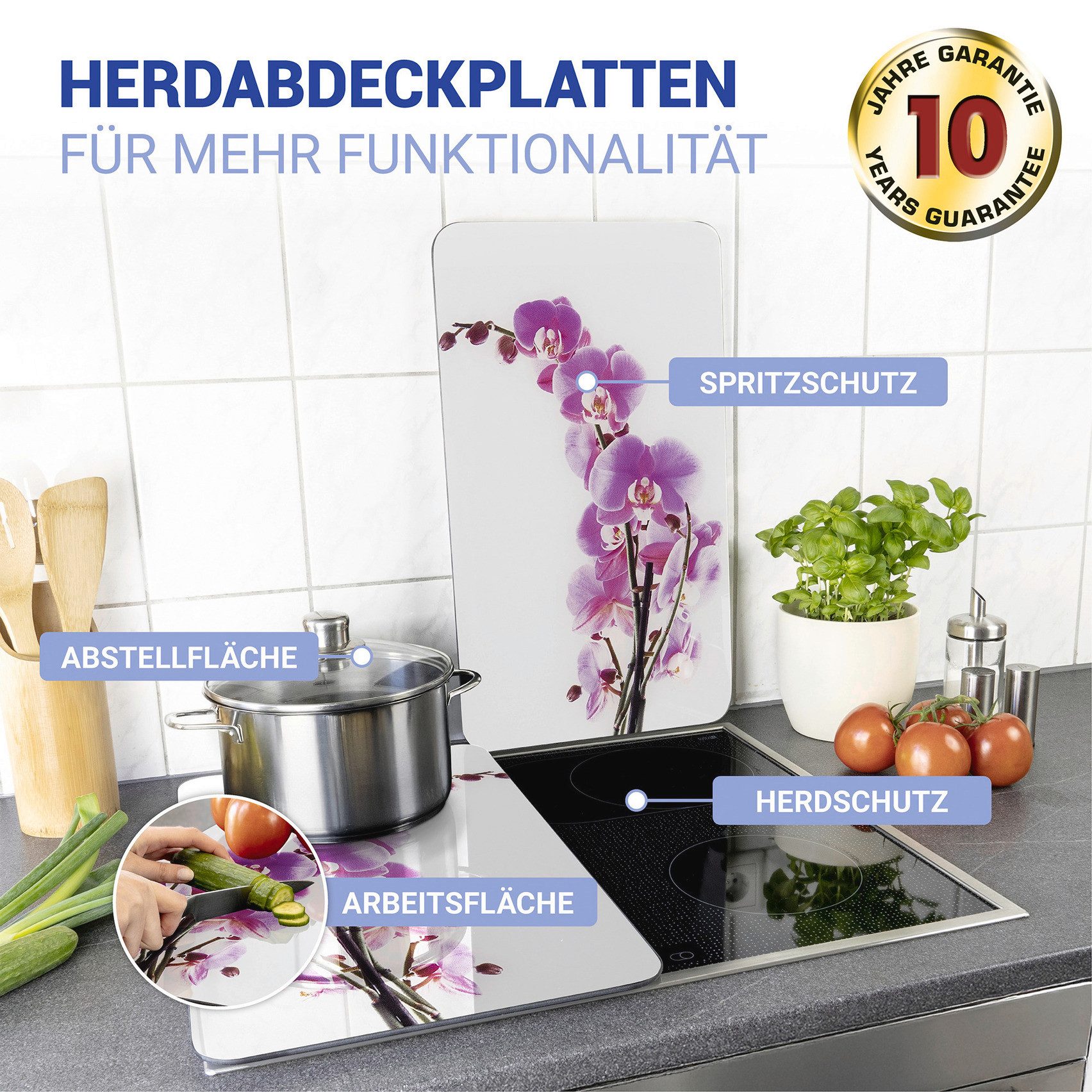 WENKO Herd-Abdeckplatte Universal Modell Orchideenblüte, Glas, (Set, 2 tlg), Herdabdeckung für alle Herdarten, kratzfest, mit rutschfesten Füßen