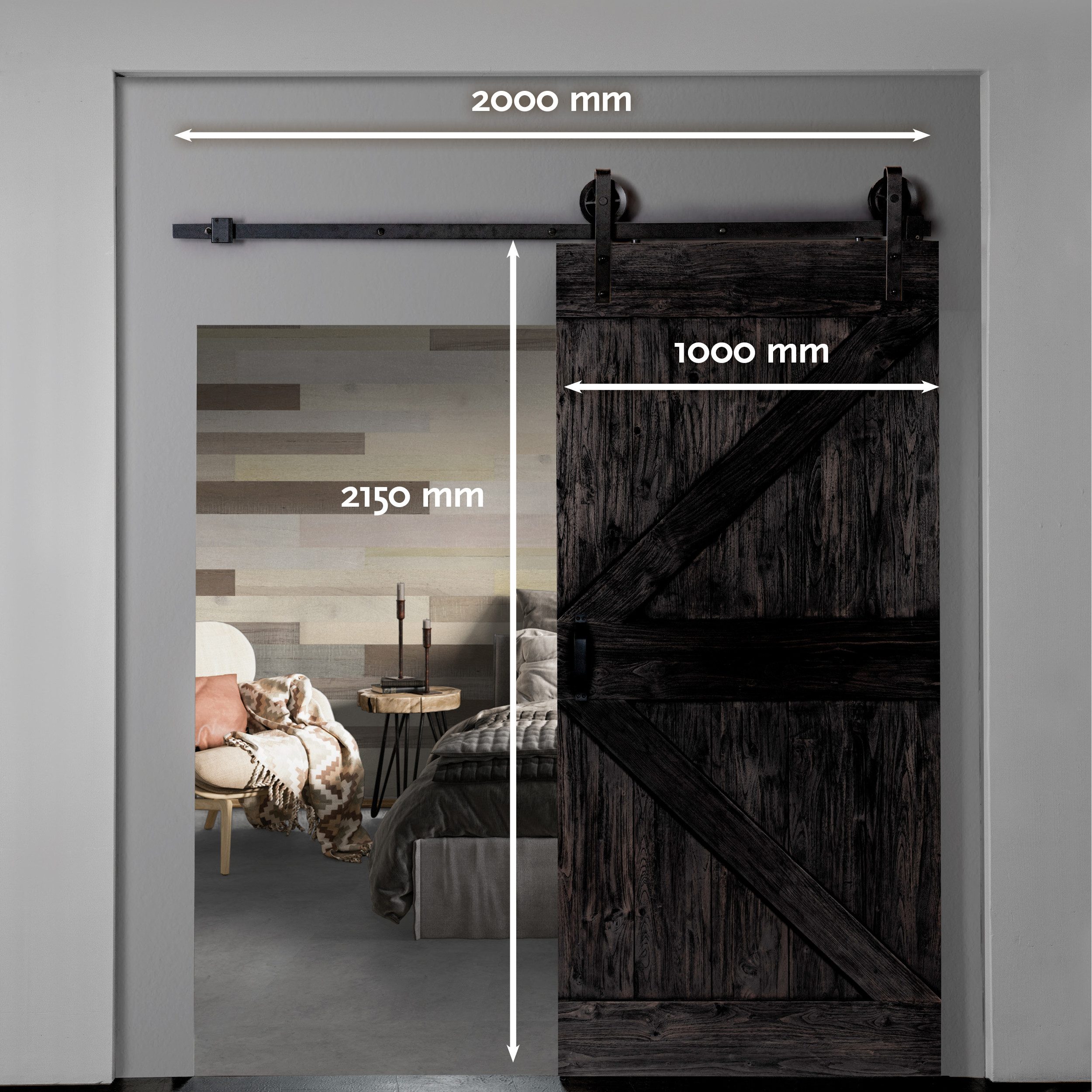 INDO Schiebetür Premium Holzschiebetür Scheunentor, 100x215 cm, leicht zu installieren (Versandkostenfreie Lieferung), handgefertigte Echtholz Schiebetür