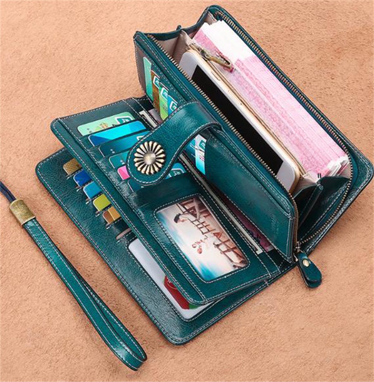 carefully selected Brieftasche Echtleder-Geldbörse mehreren und RFID-Schutz Jadegrün Kartenfächern mit