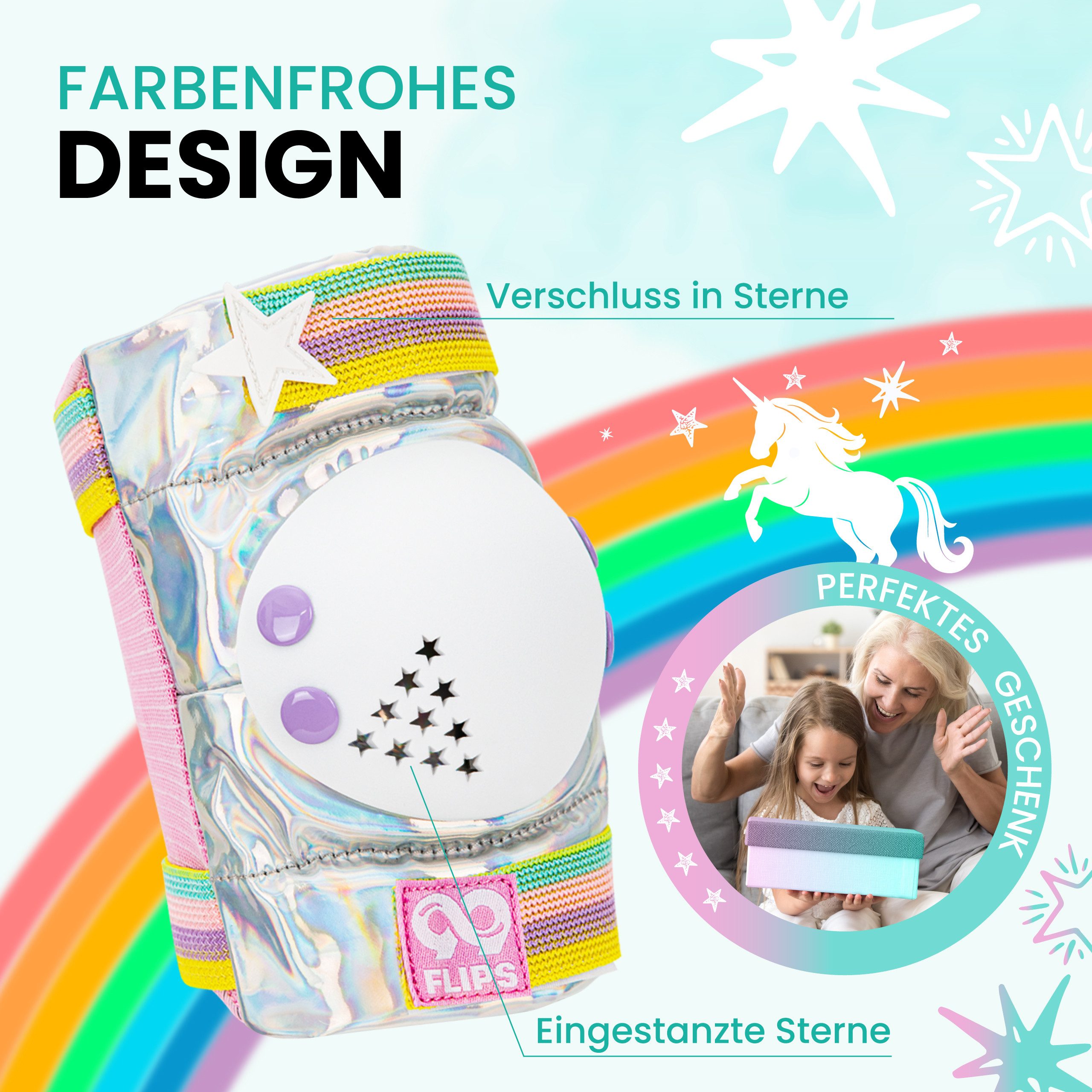 99FLIPS Protektoren-Set 3-12 Jahre - Einhorn Knieschoner Kinder Schlittschuh Schoner Set (Schützer Set Kinder für Skateboard Inline Skates Rollschuhe, 7-tlg., K – Bild 5 von 5
