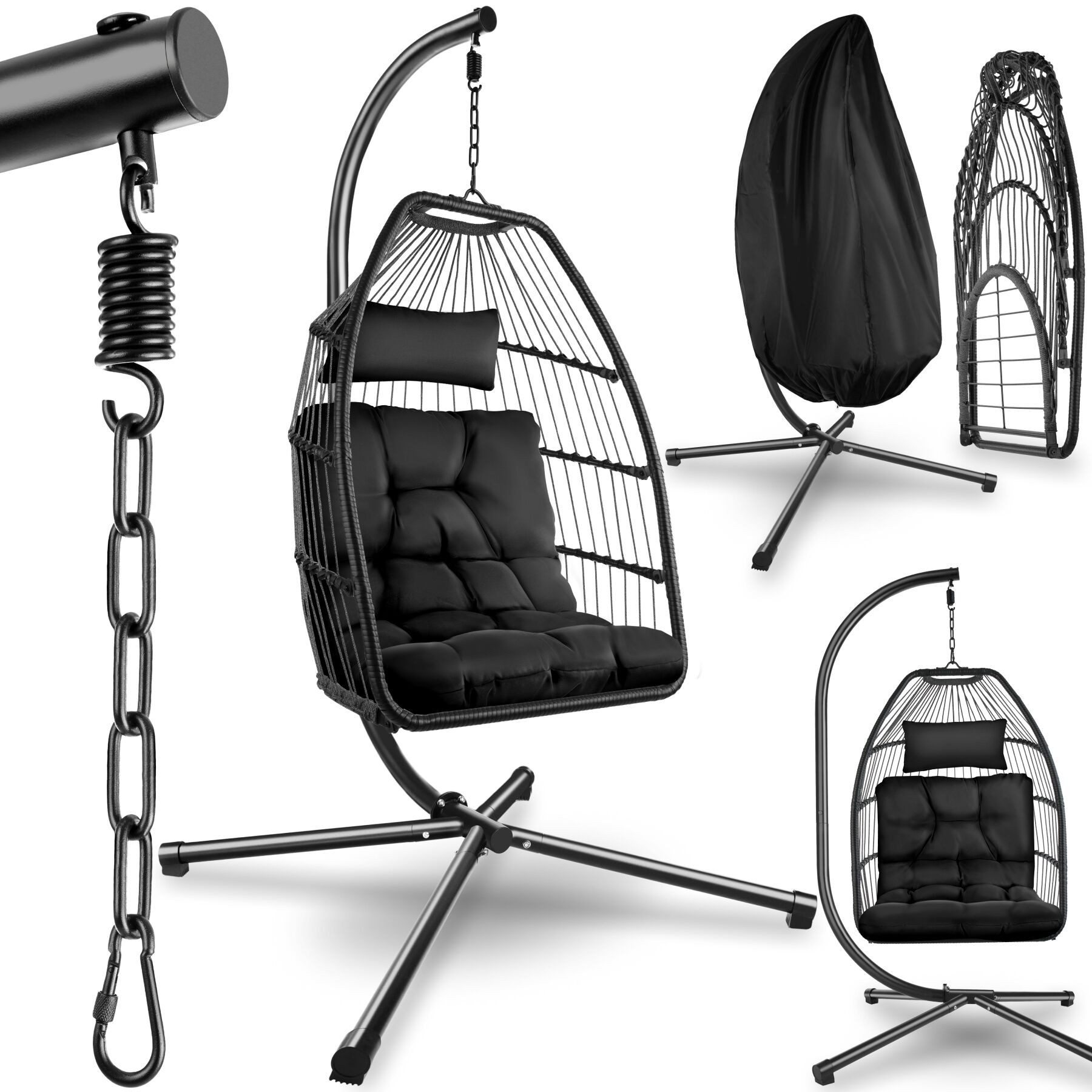 tectake Hängesessel Hängeschaukel mit extra dickem Sitz- und Kopfkissen, 98 x 107 x 202 (Hängestuhl Ariane mit Gestell, für Indoor und Outdoor, in Schwarz), bodenschonend und faltbar, Belastbarkeit 160 kg, inklusive Schutzhülle