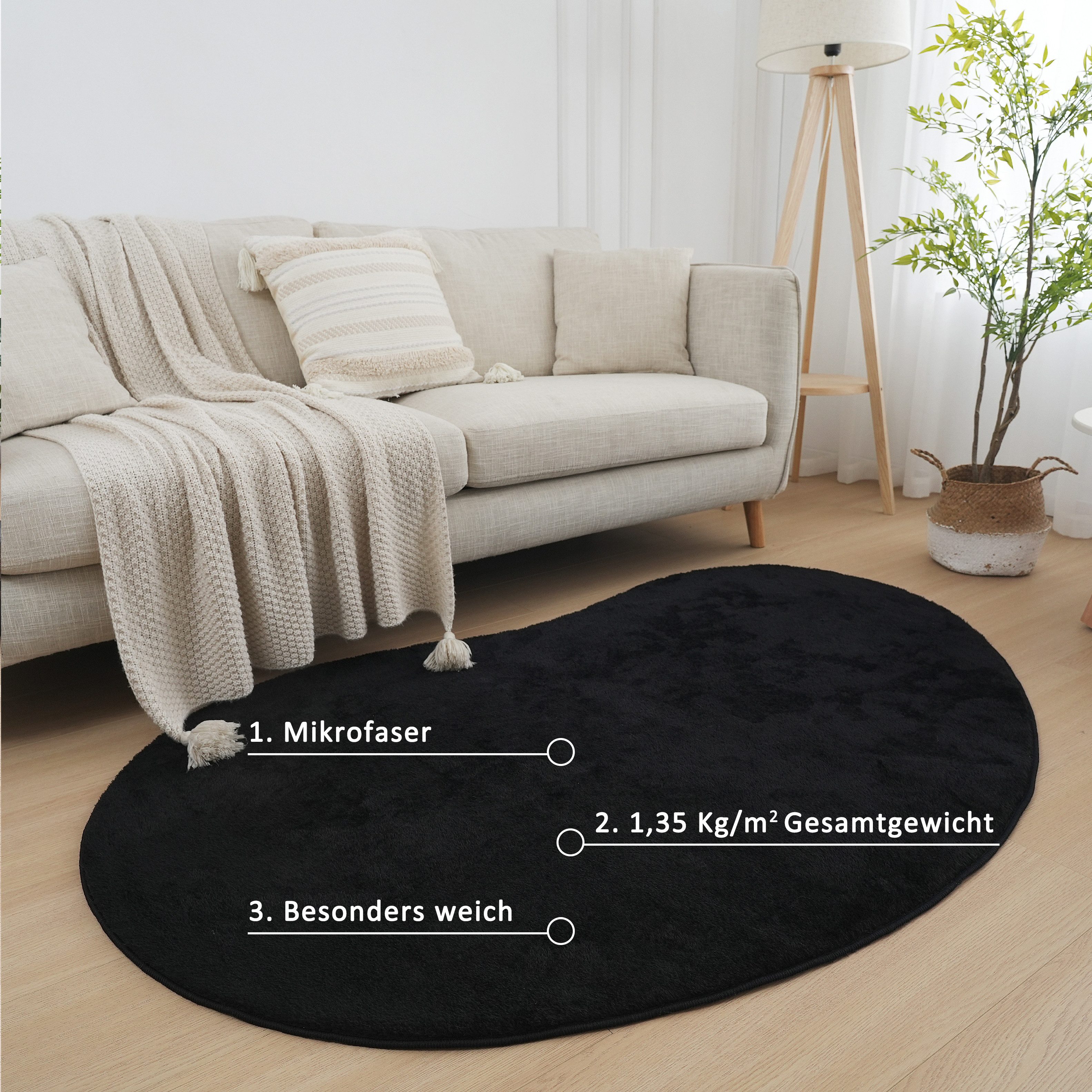OTTO home Teppich Cali Bean, U-förmig, Höhe: 16 mm, besondere Form, Uni, weich, waschbar, Wohnzimmer, Schlafzimmer