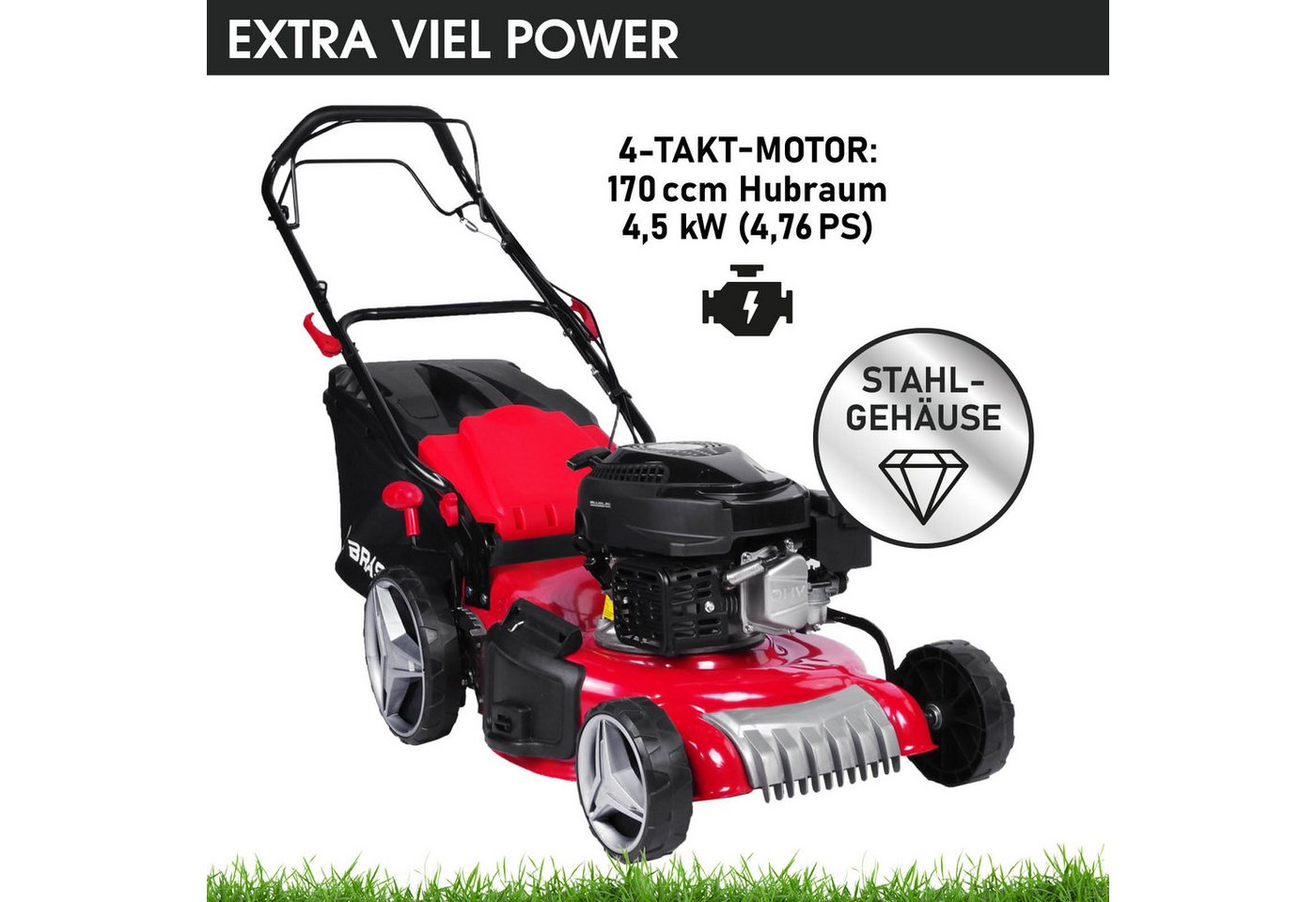 Thumbnail - BRAST Benzinrasenmäher 4,76PS RED LINE mit Antrieb, 46 cm Schnittbreite, TÜV geprüft, 4 Takt OHV Motor, 60L Fangkorb, ma...