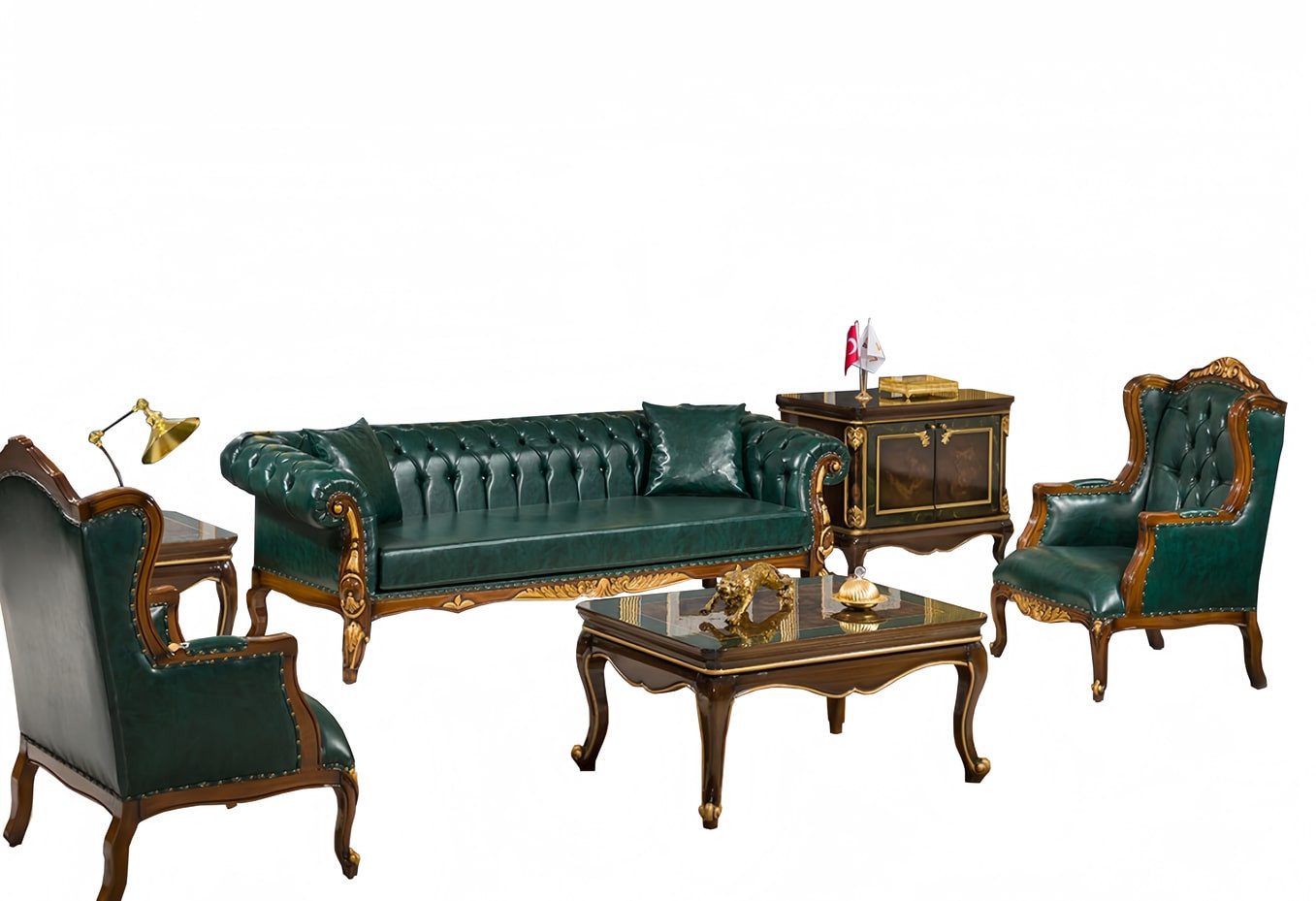 JVmoebel Büromöbel-Set Art Déco Sofa und Sessel in Grün aus Leder mit Couchtisch, (6-tlg., Sofa 3 Sitzer, 2x Sessel, Couchtisch, 2x Beistelltisch), Made in Europe