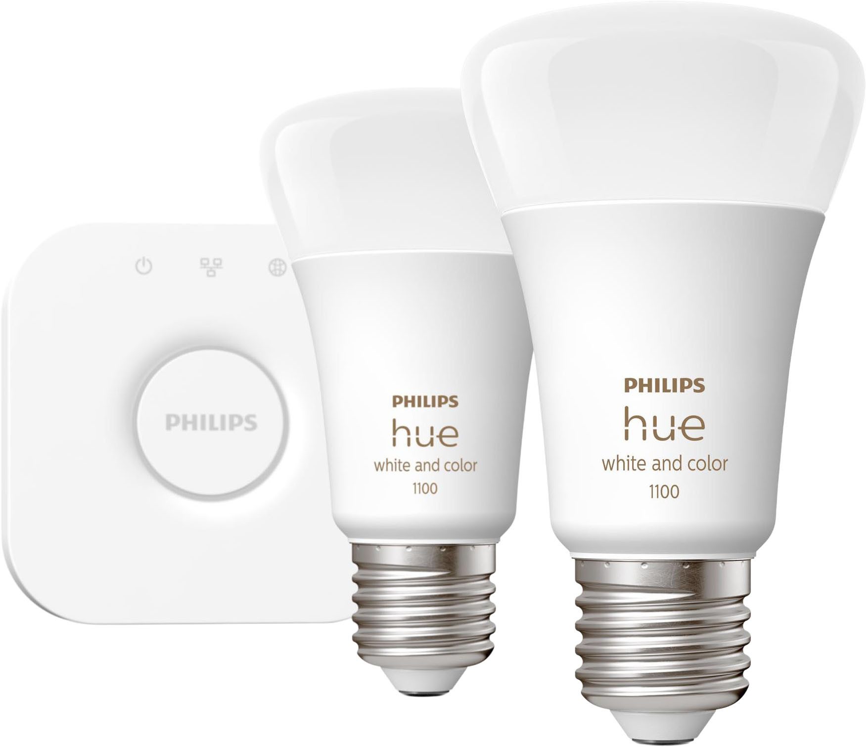 Philips Hue LED-Leuchtmittel Starter Kit 2x White and Color Ambiance 1100lm, E27, 3 St., Farbwechsler, inkl. Bridge