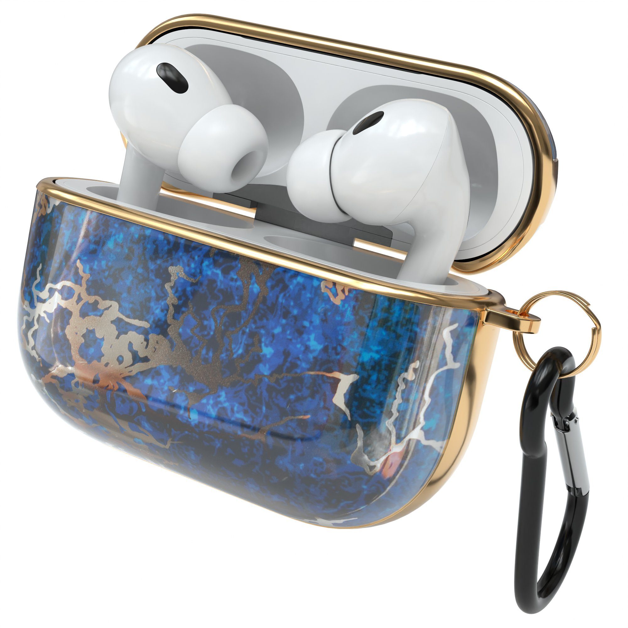 EAZY CASE Kopfhörer-Schutzhülle IMD Motiv Case kompatibel mit Apple AirPods Pro 2, Schutzhülle Fullcover Bumper mit Handschlaufe Hülle Marmor Blau / Gold