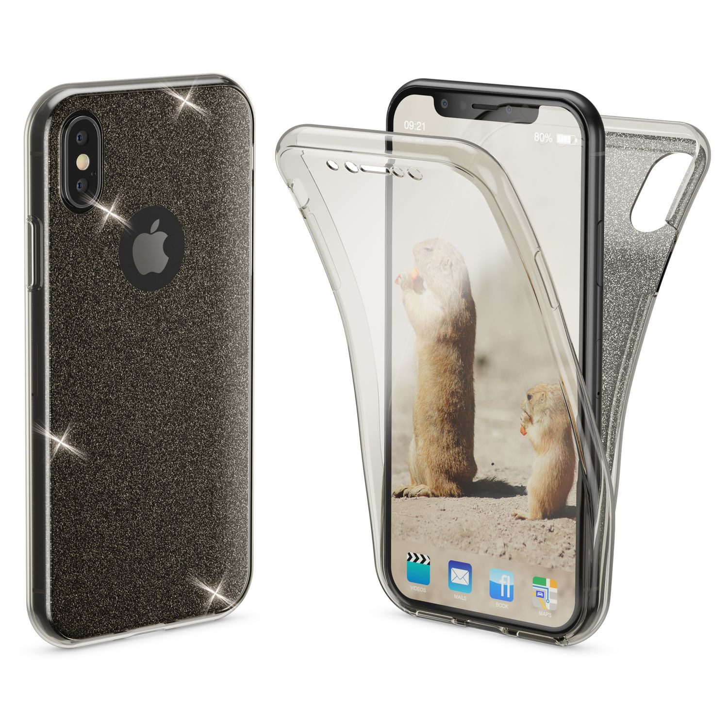 Nalia Smartphone-Hülle Apple iPhone X Apple iPhone XS 14,7 cm (5,8 Zoll), 360 Grad Glitzer Silikon Hülle / Rundumschutz Cover / Glitter Etui