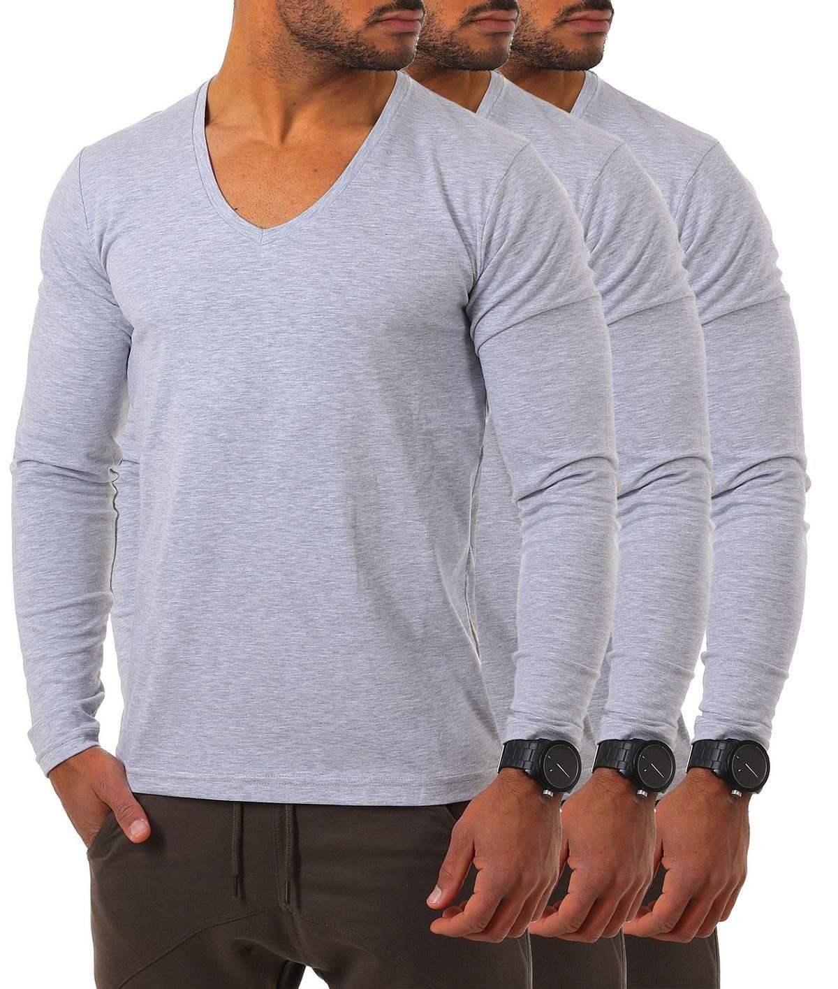 Langarmshirt Herren Uni Basic tiefer V-Ausschnitt Longsleeve Unterziehshirt 2239