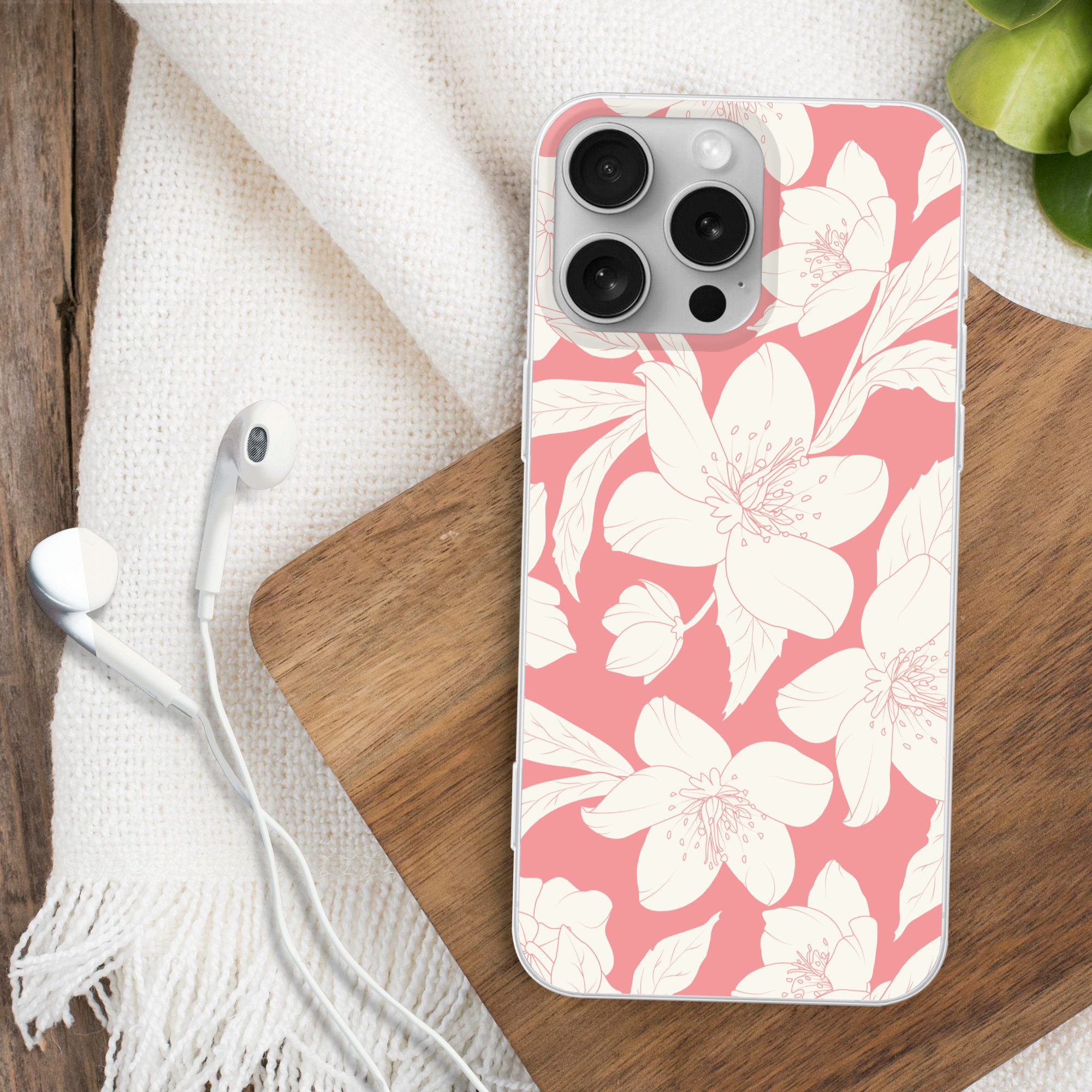 MuchoWow Handyhülle für Apple iPhone 16 Pro Max Blumen - Muster - Rosa - Weiß, Smartphone-Bumper, Print, Handy Schutzhülle Dünn