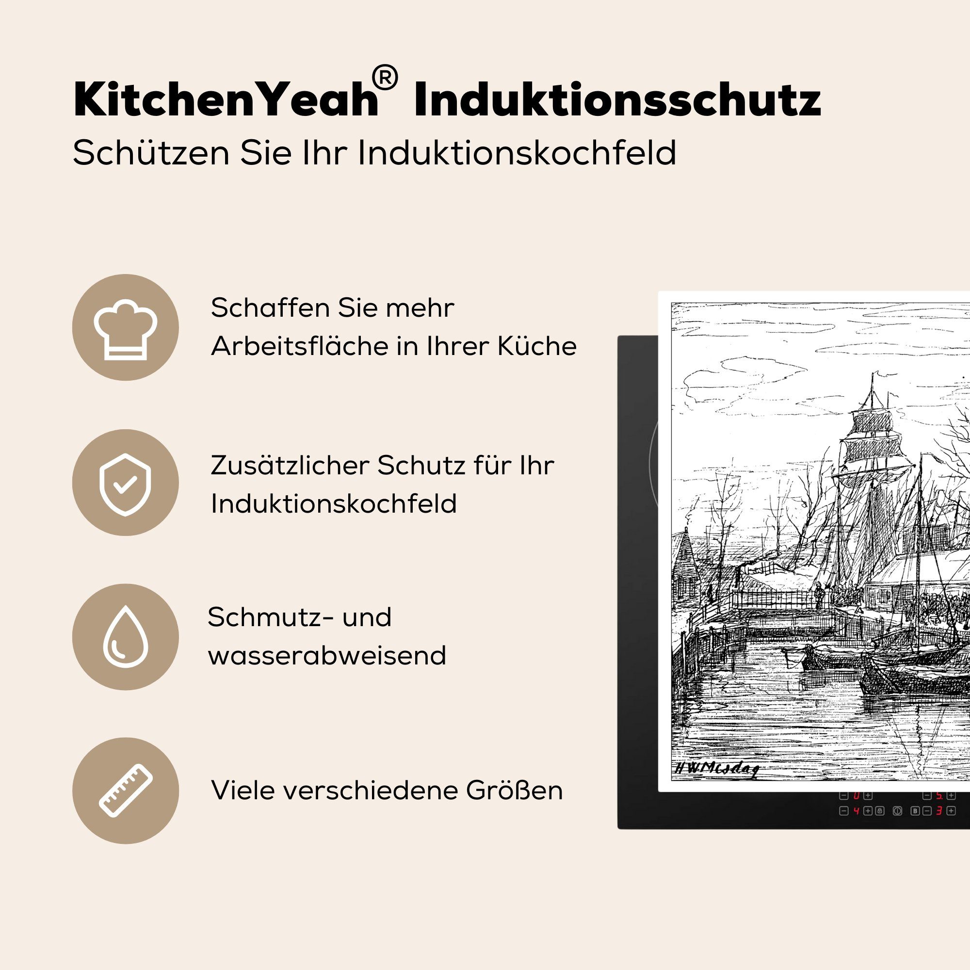 Vinyl, Groningen auf Schwarz-Weiß-Abbildung in Mobile Booten nutzbar, von dem Arbeitsfläche Vismarkt, 60x52 MuchoWow Ceranfeldabdeckung Herdblende-/Abdeckplatte (1 tlg), cm,