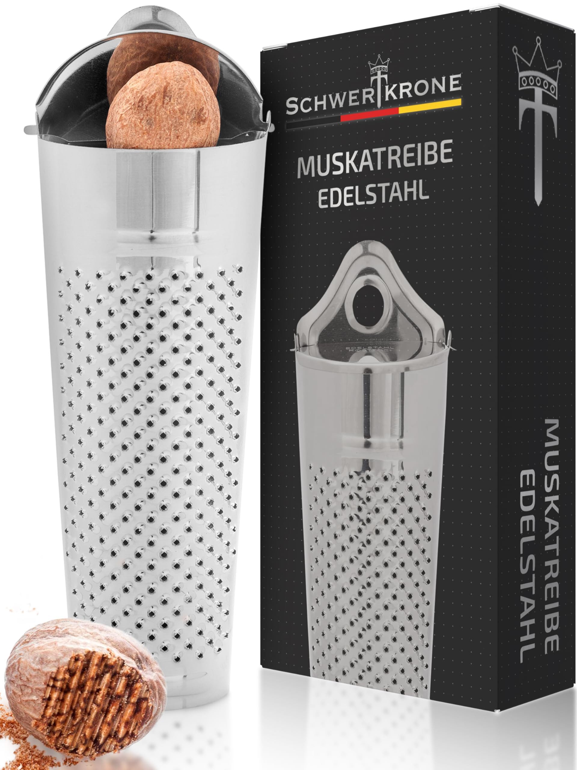 Schwertkrone Muskatmühle Muskatnuss Reibe Muskatreibe Zitronenschale Muskatnüsse mit Behälter, (1 Stück), 11 cm Edelstahl, Praktische