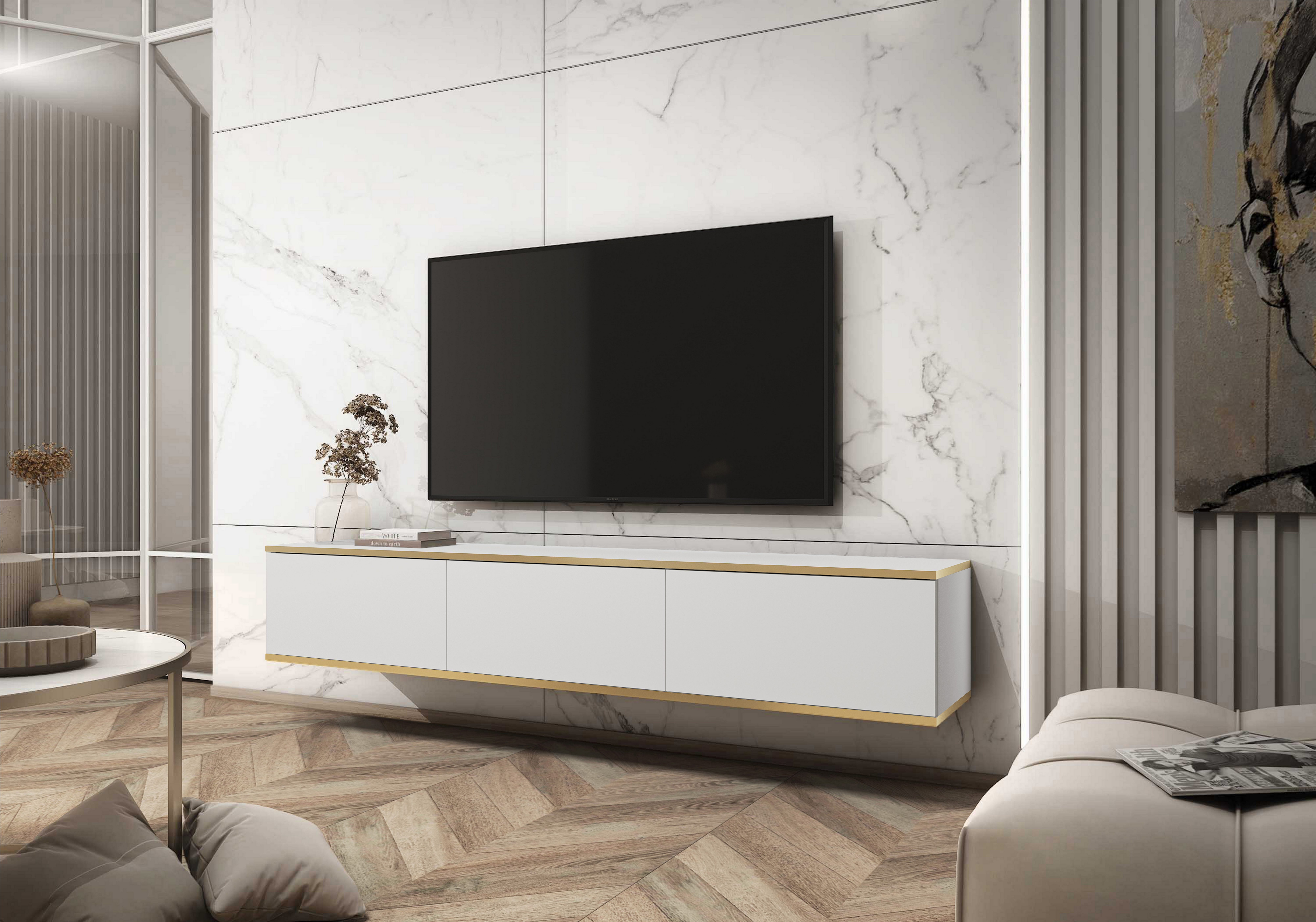 MOEBLO TV-Board Dayn RTV 175 (Hängendes Lowboard im Glamour-Stil, TV-Schrank mit Push-to-Open & goldenen Akzenten, Fernsehtisch aus MDF, RTV-Schrank mit goldenen Einsätzen Hängend), (HxBxT):30x175x32cm