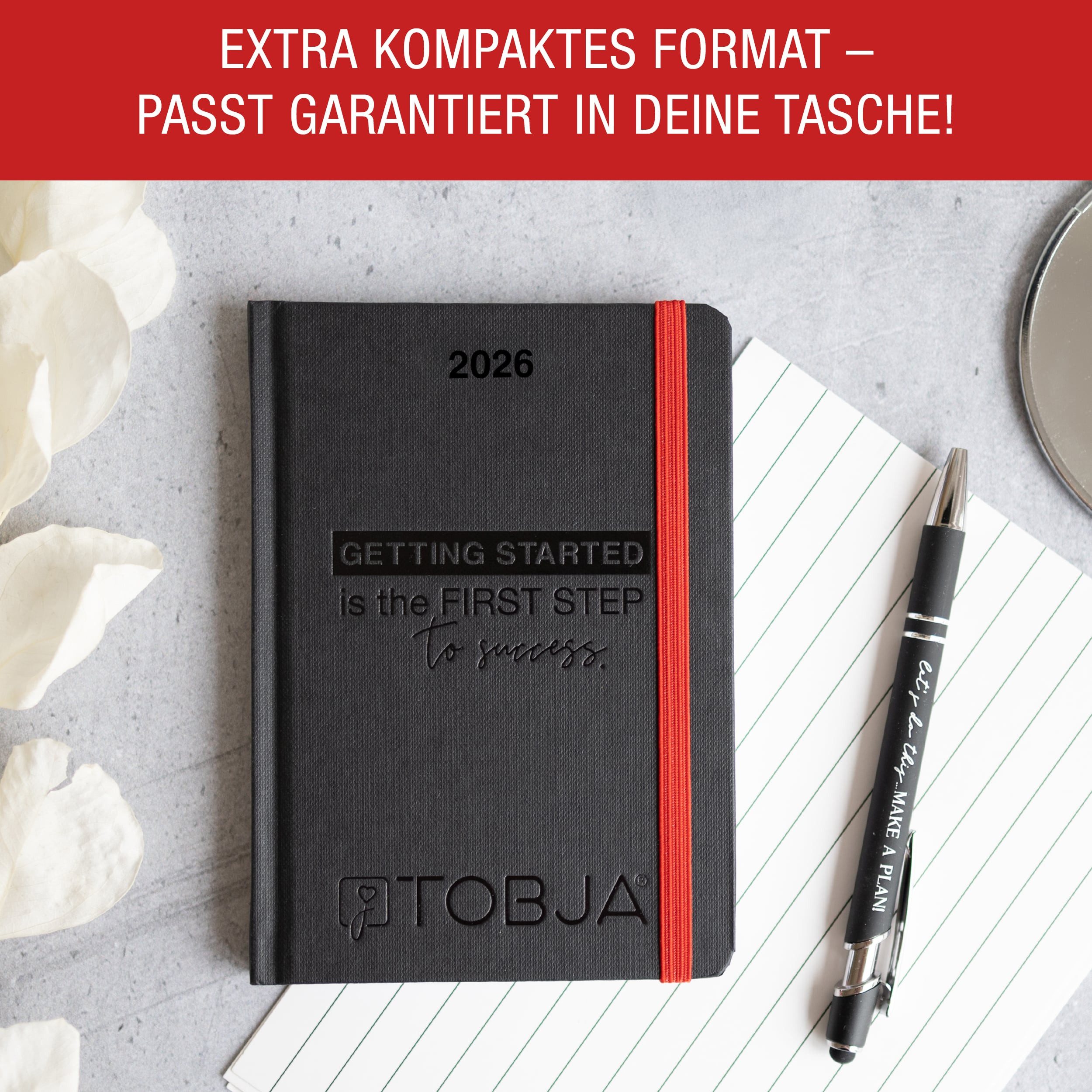 TOBJA Taschenkalender Taschenkalender 2026 A6 schwarz, Hardcover, Taschenkalender 2026 klein, Kalender 2026 A6