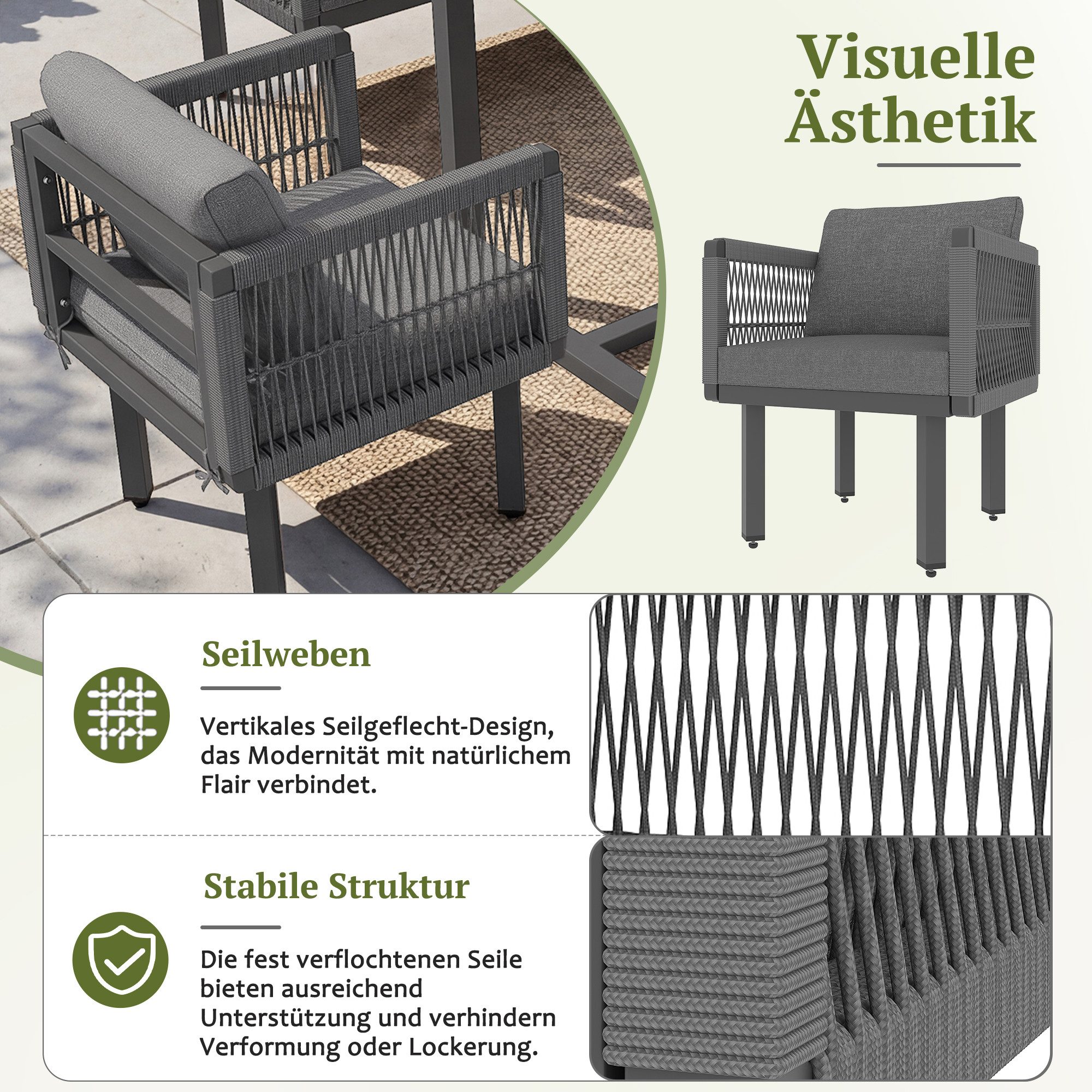 Flieks Gartenlounge-Set, 8-Sitzer Gartenmöbel Seilgeflecht, Ecksofa mit 2 Sesseln & Tisch
