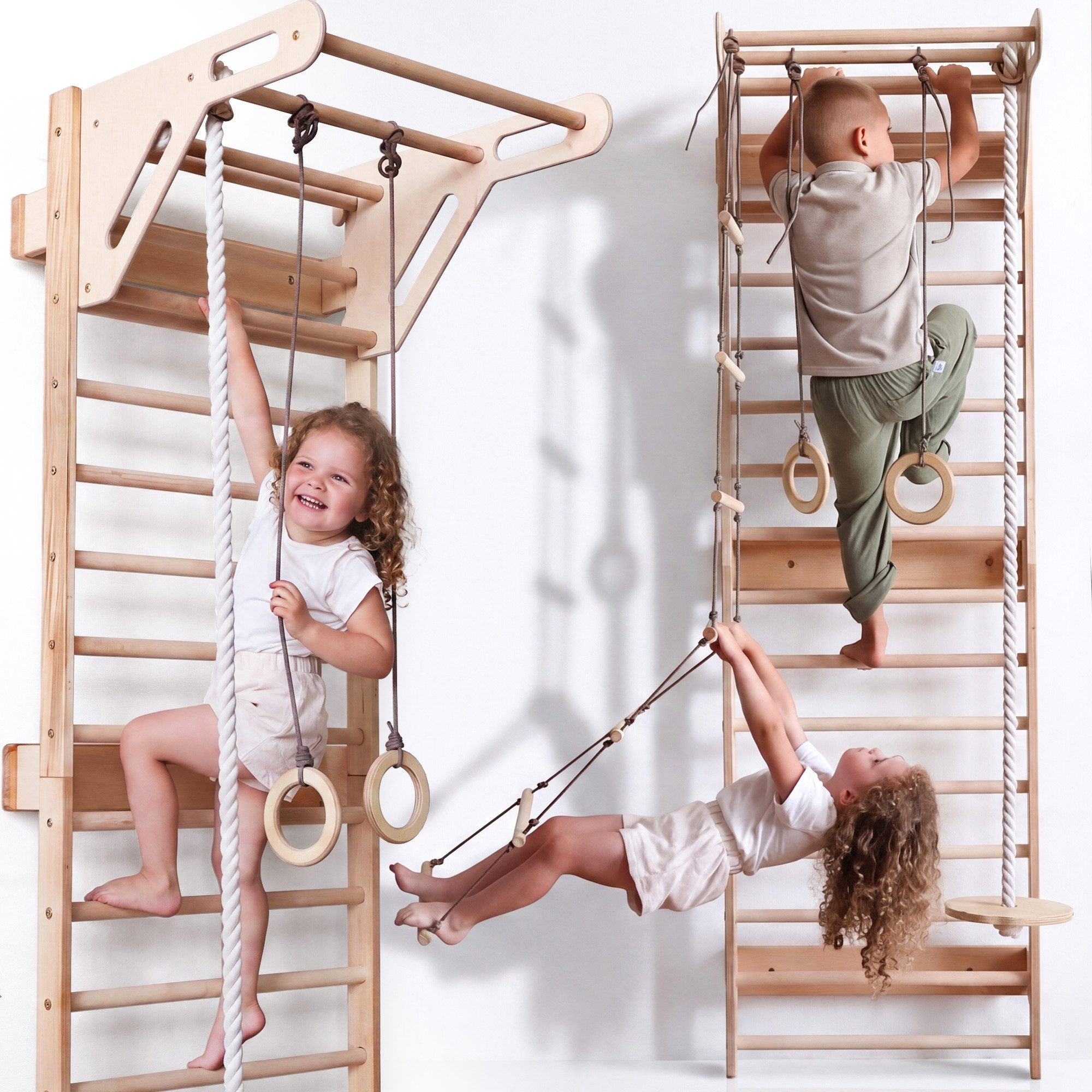 Goodevas Sprossenwand Klettergerüst für Kinder, Montessori Holz-Spielplatz, (Schaukel, Turnringen, Kletternetz, Strickleiter & Monkeybars)