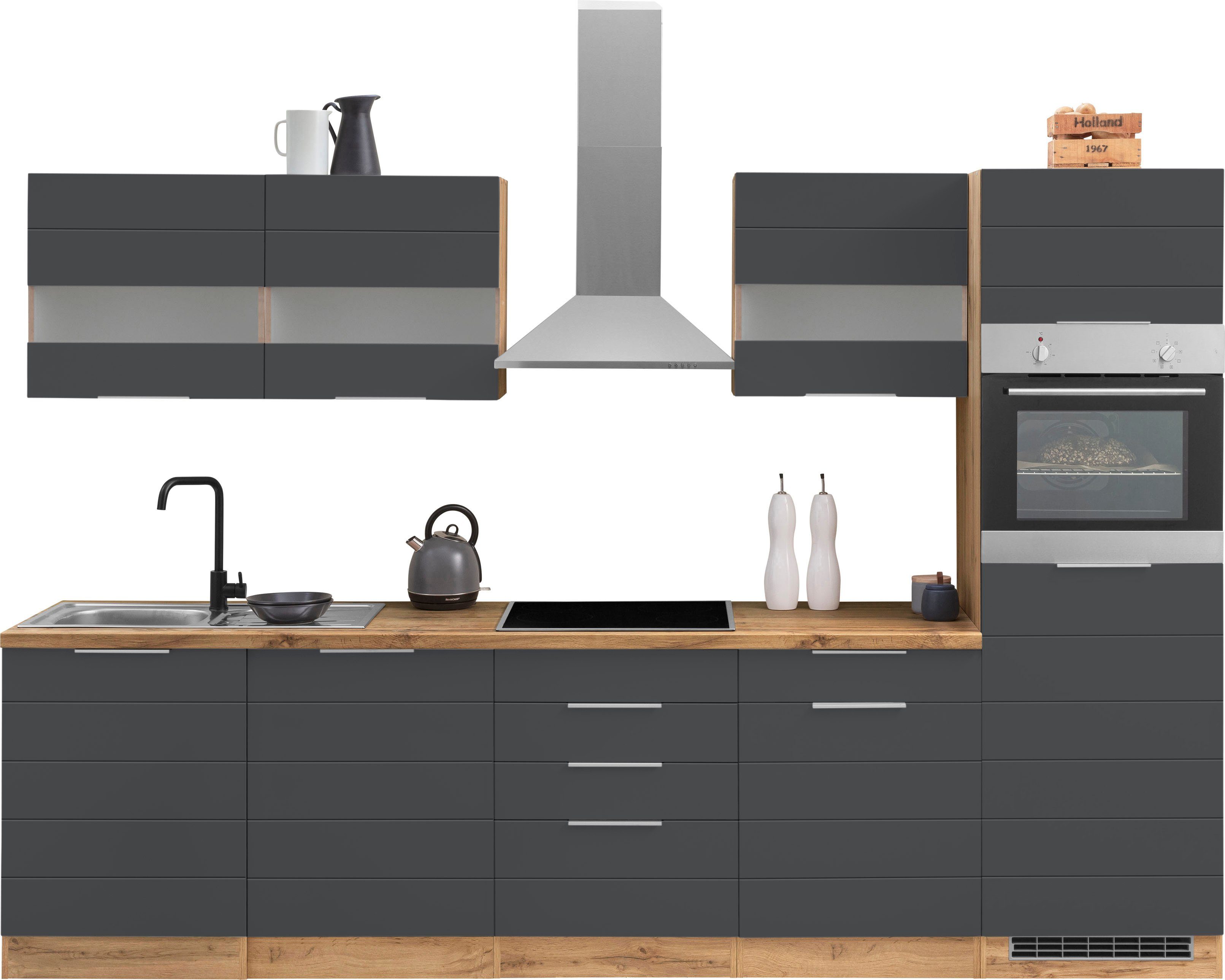 KOCHSTATION Küche KS-Luhe, 300 cm breit, wahlweise mit oder ohne E-Geräten, gefräste MDF-Fronten