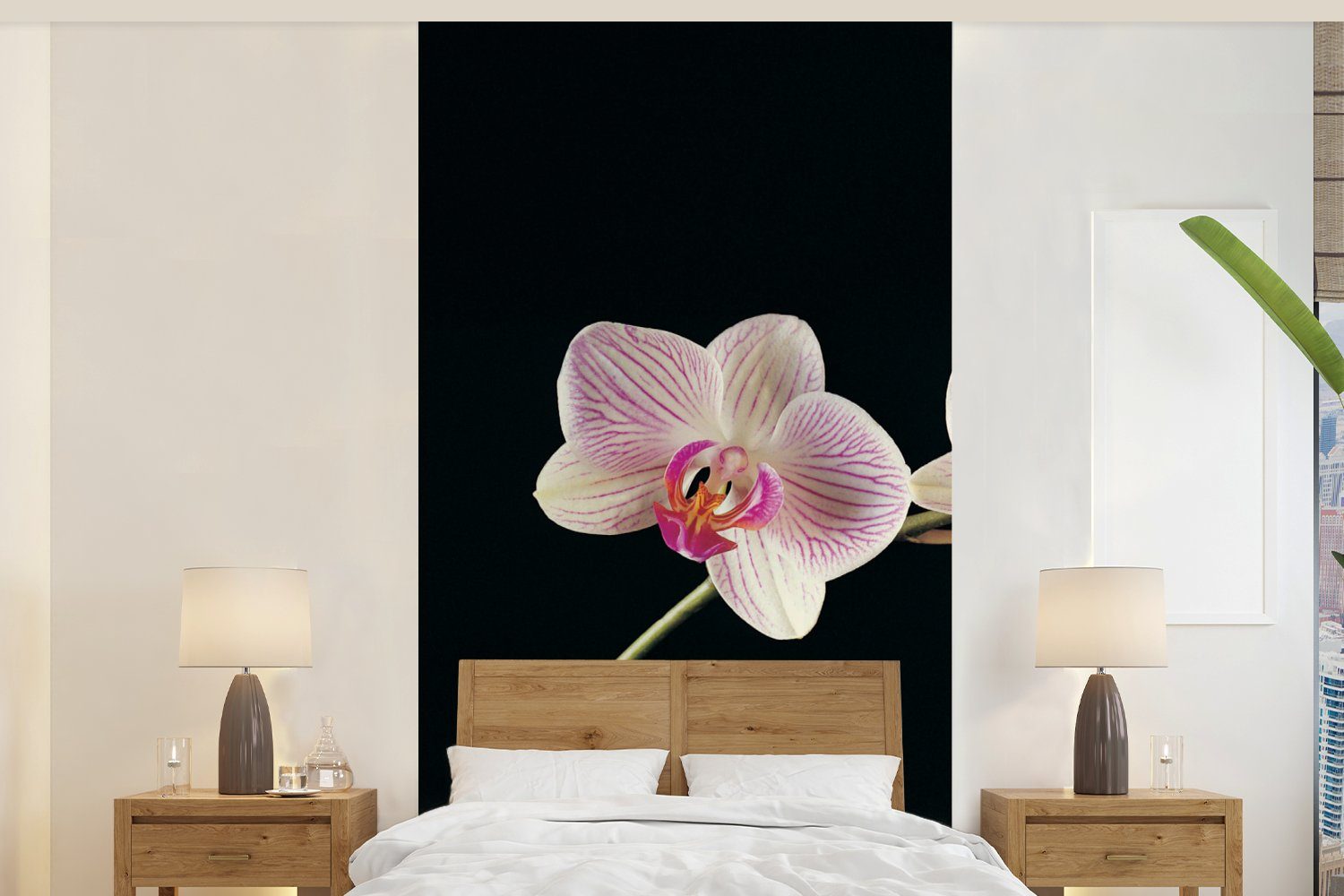 MuchoWow Fototapete Orchidee - Blumen - Schwarz - Rosa - Knöpfe, Matt, bedruckt, (2 St), Vliestapete für Wohnzimmer Schlafzimmer Küche, Fototapete